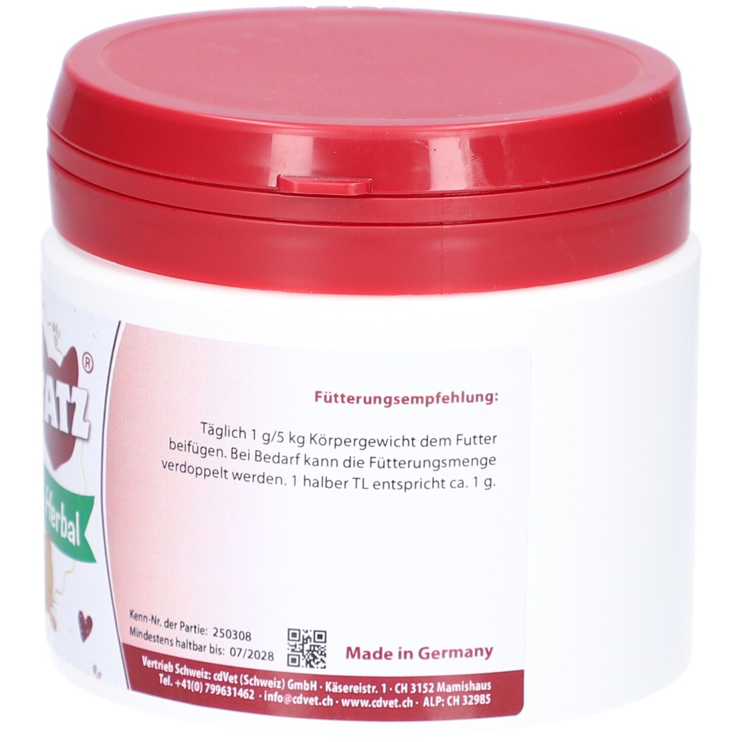 Dos de la boîte blanche avec couvercle rouge. Texte sur les recommandations d'alimentation et les informations du fabricant.