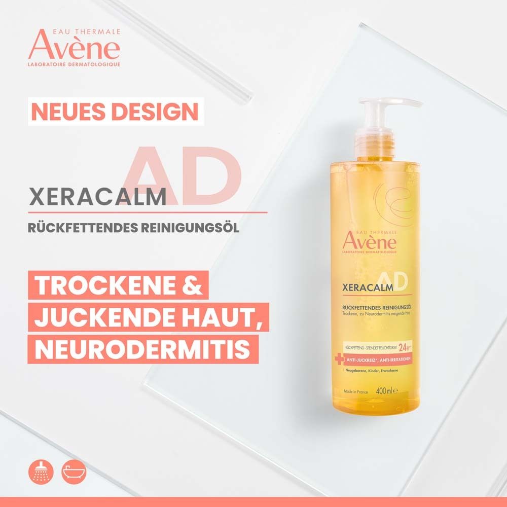 Huile lavante Avène XeraCalm A.D en flacon. Liquide jaune, flacon transparent avec pompe. Texte : Avène, XeraCalm A.D, pour peaux sèches, eczéma.