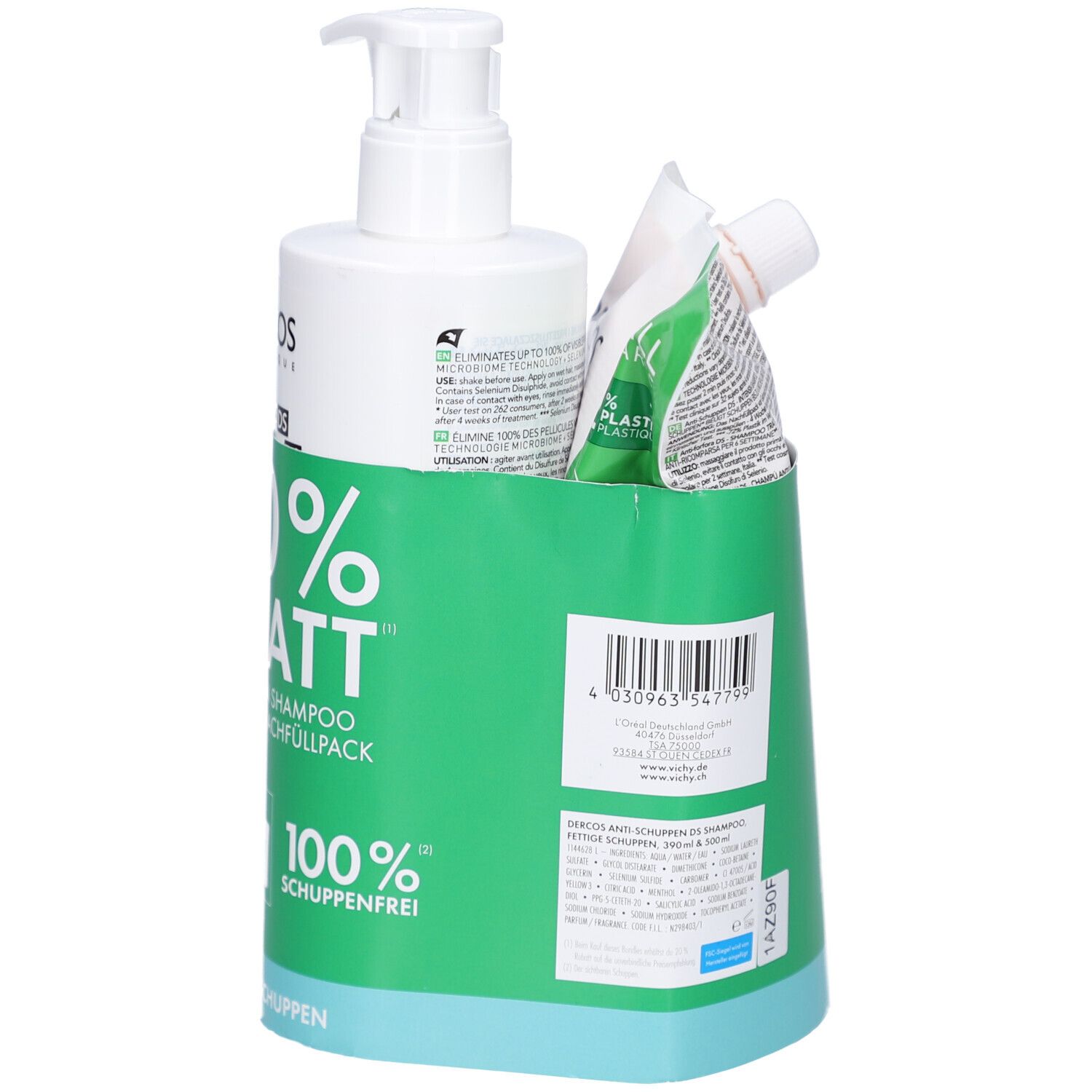 Shampoo-Set mit Flasche und Nachfüllpackung. Grüne Verpackung mit Rabatt-Aufdruck. Enthält Anti-Schuppen Shampoo.