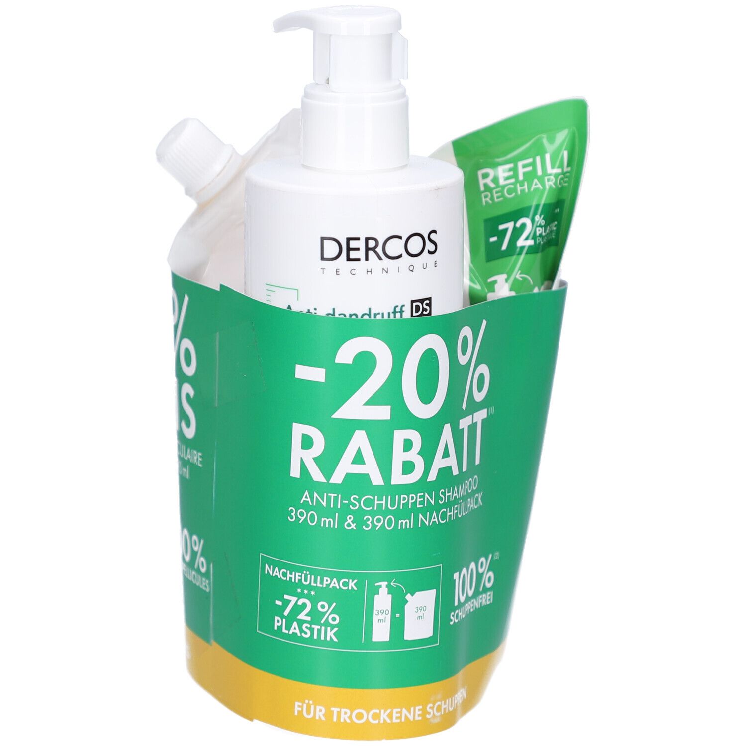 Ensemble avec flacon de shampooing, recharge et sachet dans un emballage vert. Impression : -20% de réduction, shampooing antipelliculaire.