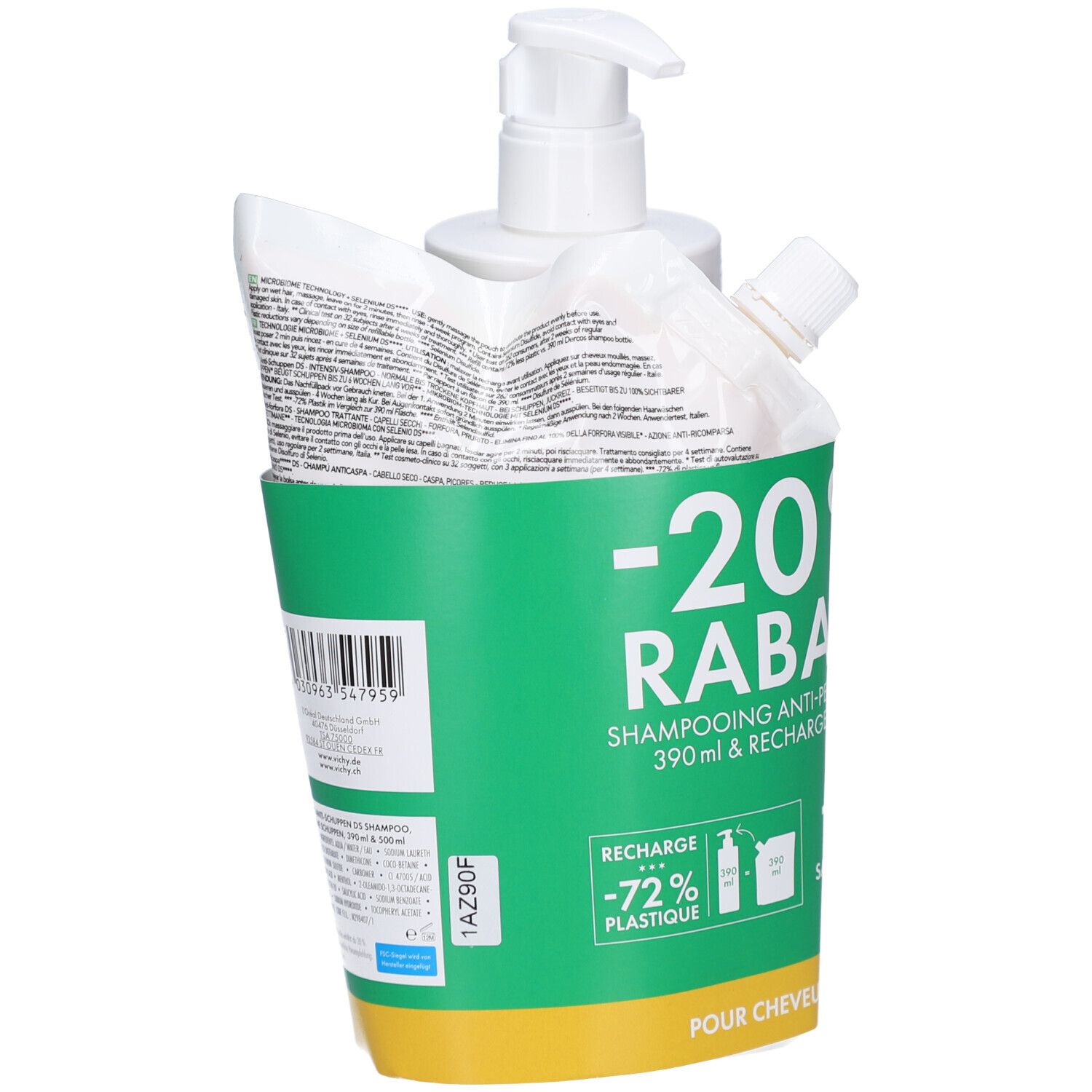 Ensemble avec flacon de shampooing, recharge et sachet dans un emballage vert. Impression : -20% de réduction, shampooing antipelliculaire.