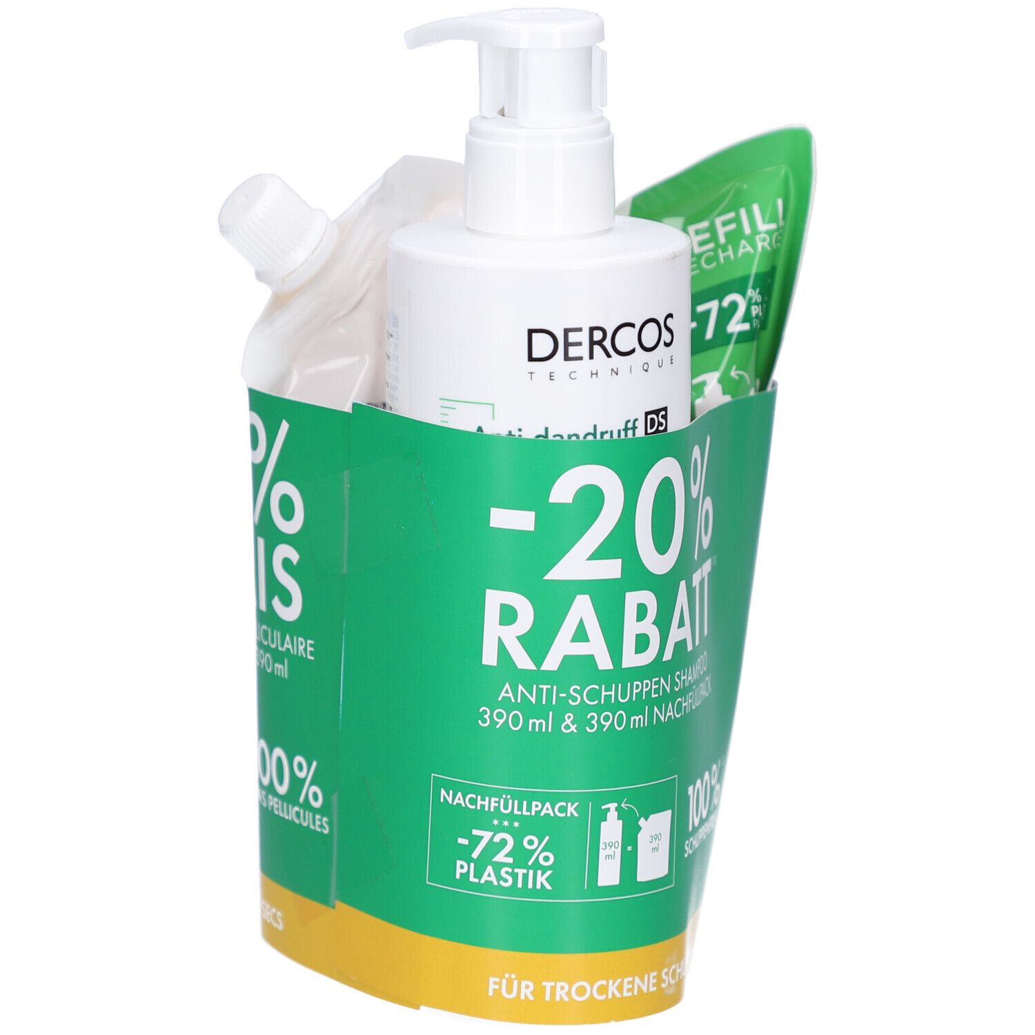 Ensemble avec flacon de shampooing, recharge et sachet dans un emballage vert. Impression : -20% de réduction, shampooing antipelliculaire.