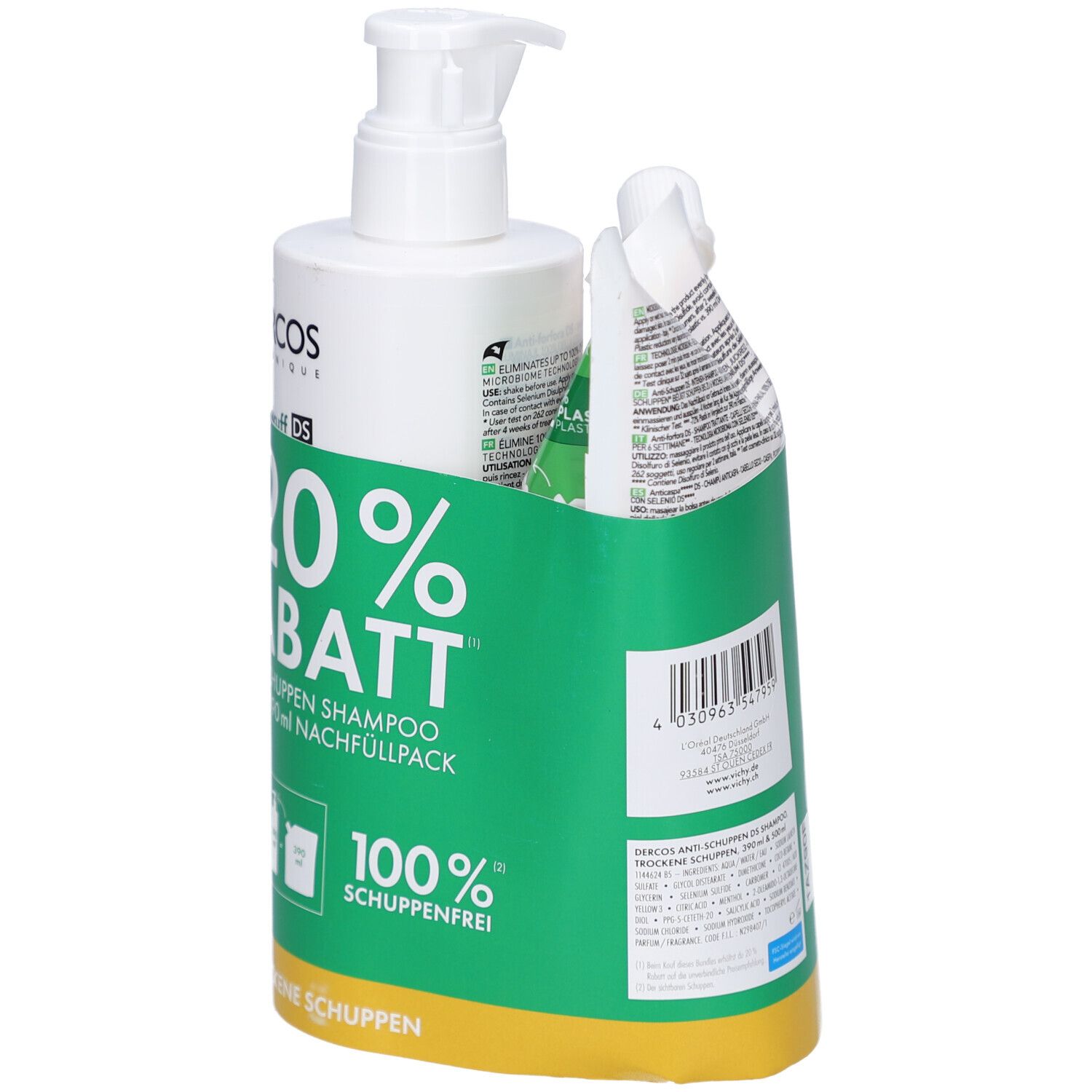 Ensemble avec flacon de shampooing, recharge et sachet dans un emballage vert. Impression : -20% de réduction, shampooing antipelliculaire.