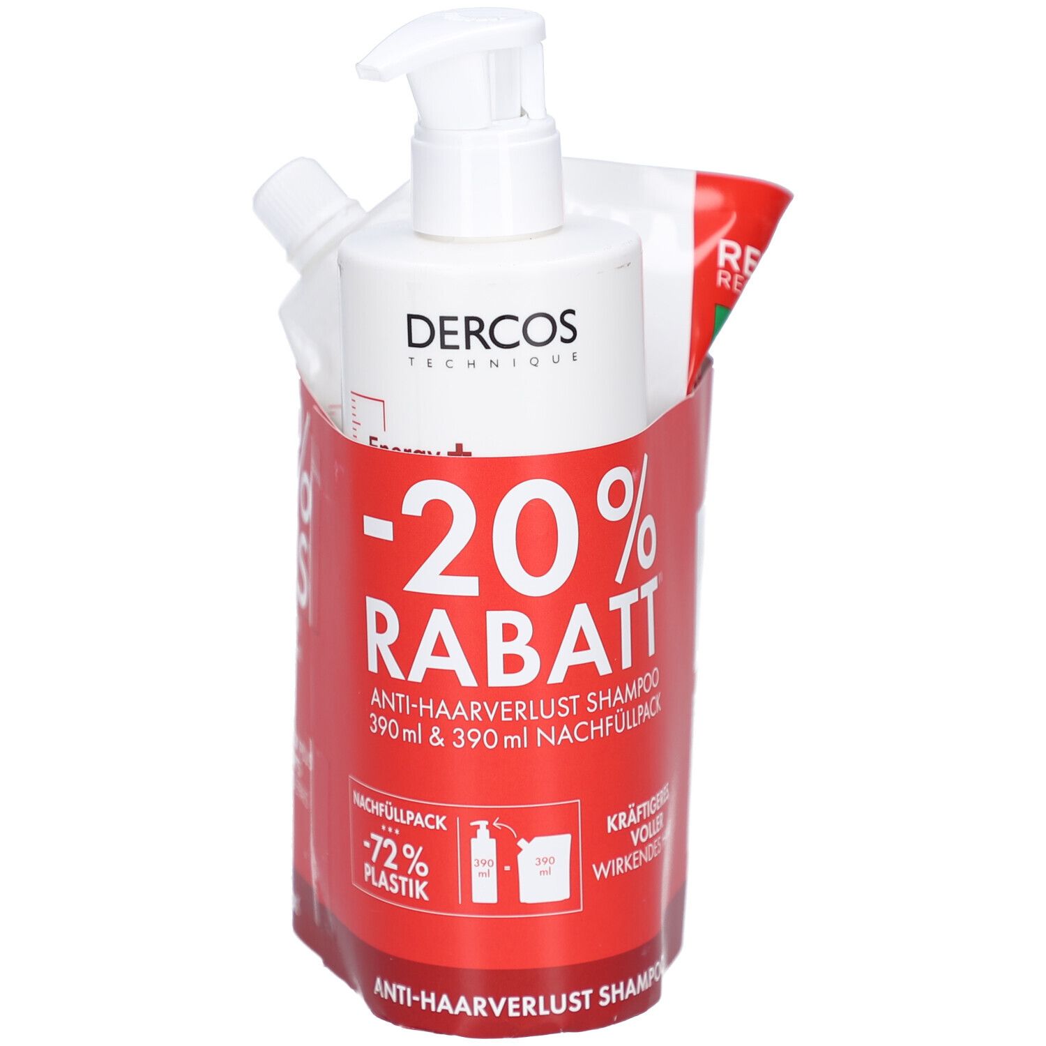 Ensemble : flacon de shampooing avec pompe, recharge et support rouge. Inscription : -20% RABATT, Shampooing antichute.