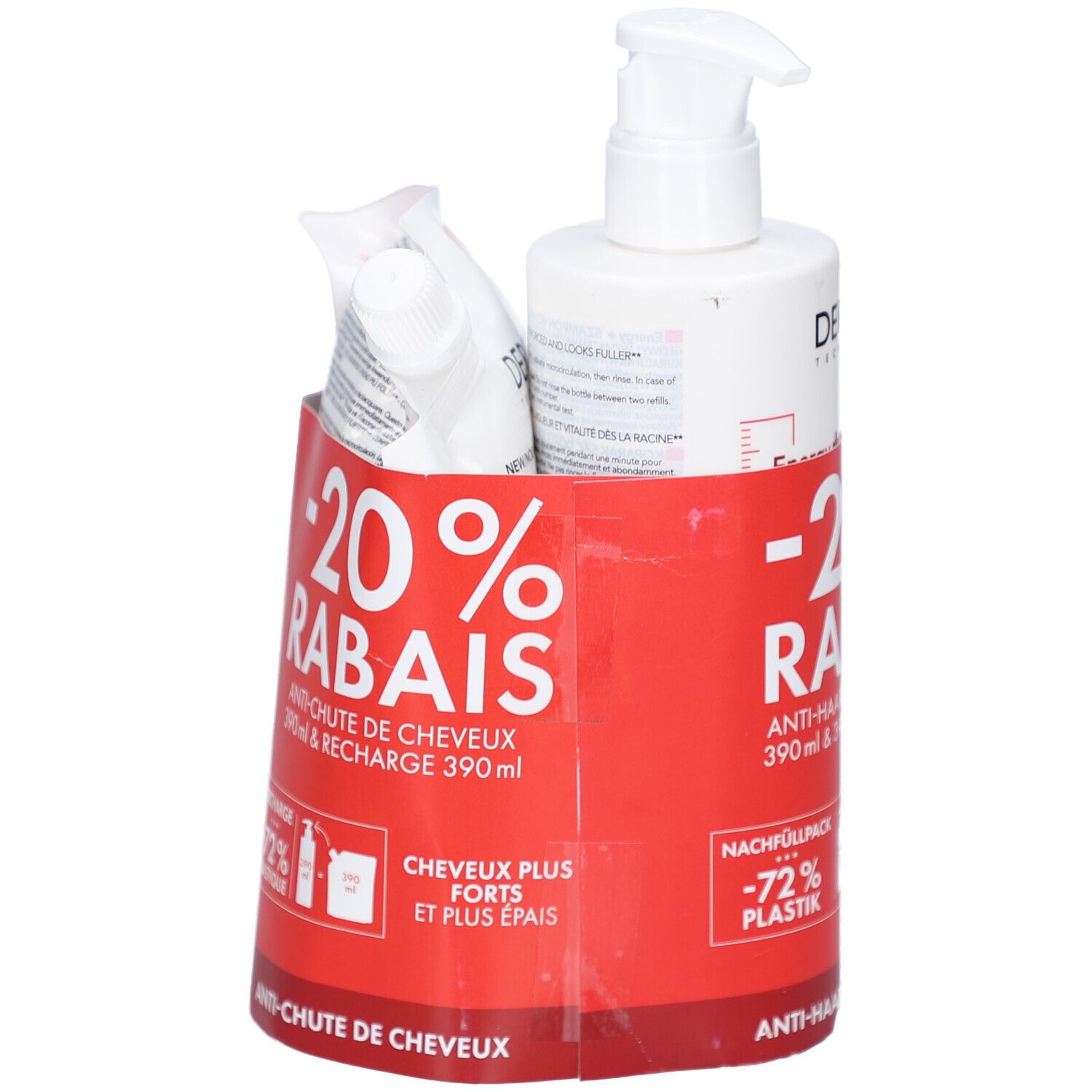 Ensemble : flacon de shampooing avec pompe, recharge et support rouge. Texte : -20% RABATT, Shampooing antichute, recharge.