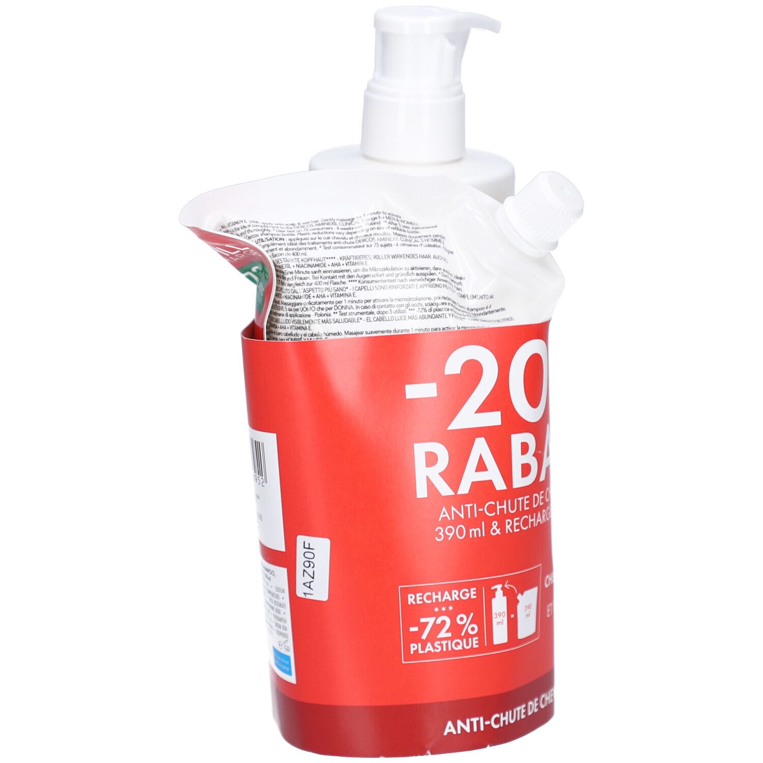 Ensemble : flacon de shampooing avec pompe, recharge et support rouge. Texte : -20% RABATT, Shampooing antichute, recharge.