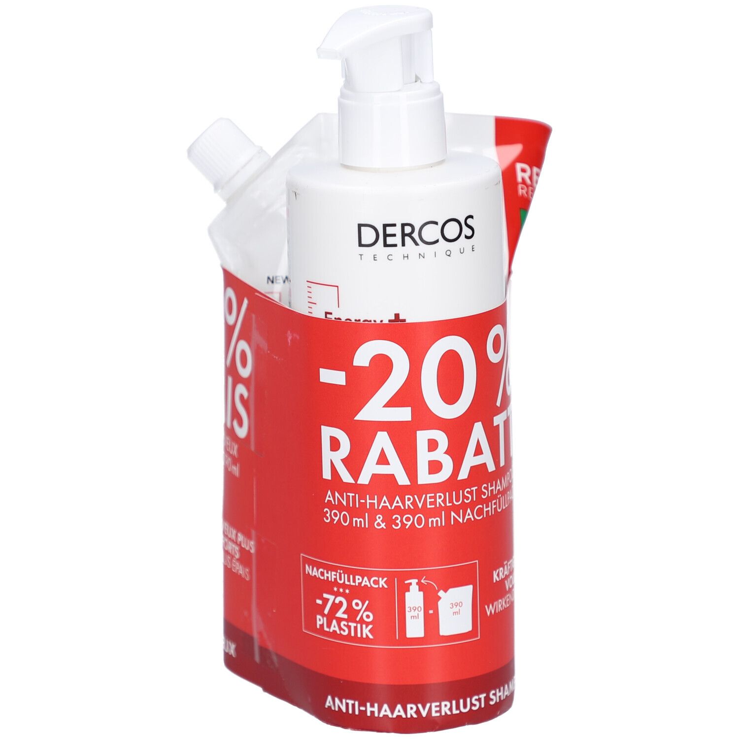 Ensemble : flacon de shampooing avec pompe, recharge et support rouge. Texte : -20% RABATT, Shampooing antichute, recharge.