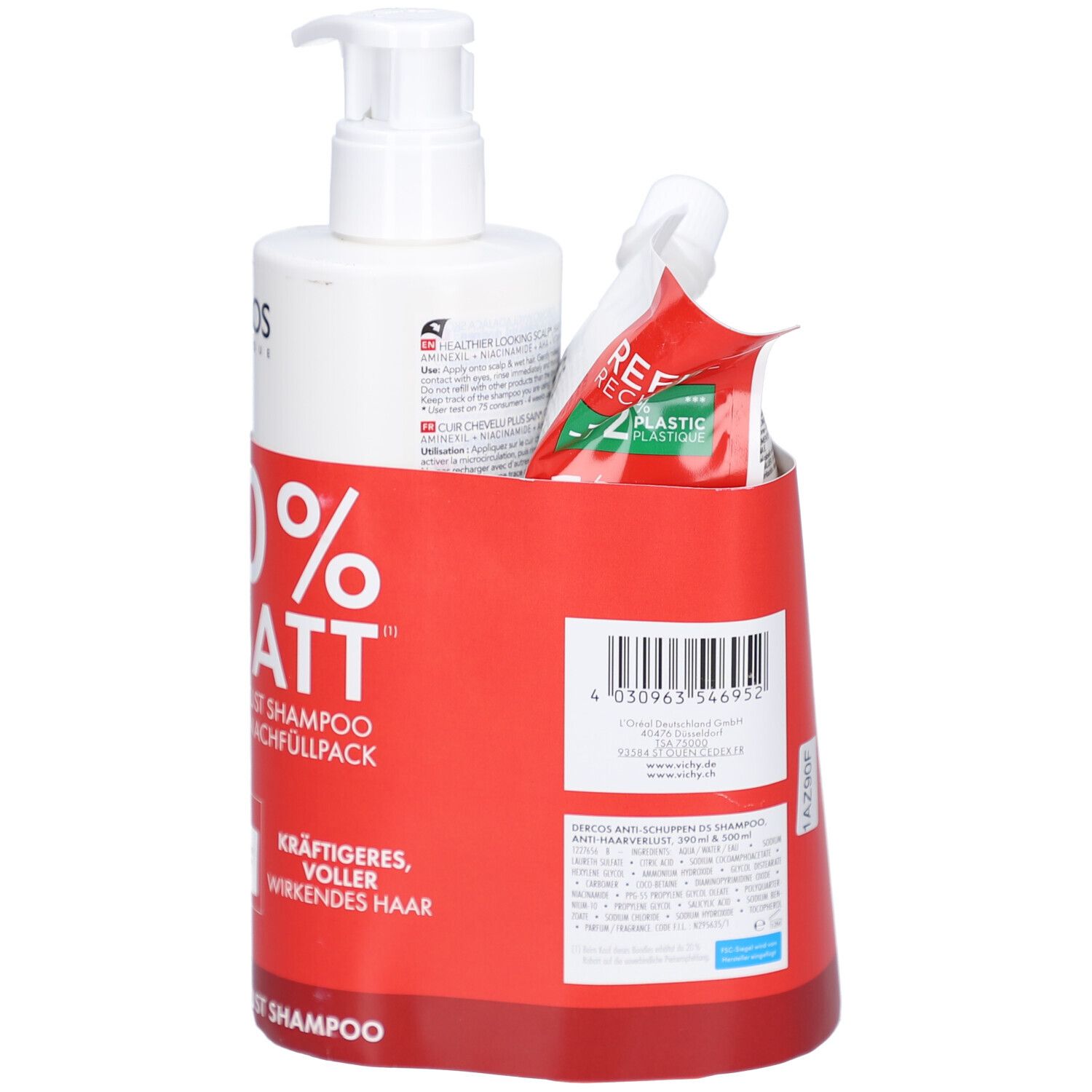 Ensemble : flacon de shampooing avec pompe, recharge et support rouge. Texte : -20% RABATT, Shampooing antichute, recharge.