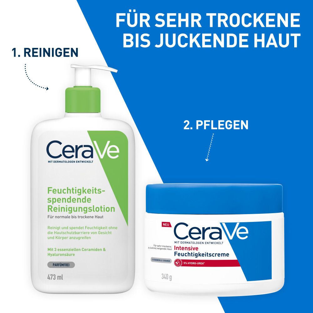 Zwei Produkte: CeraVe Reinigungs-Lotion und CeraVe Intensive Feuchtigkeitspflege. Text: Für sehr trockene bis juckende Haut.