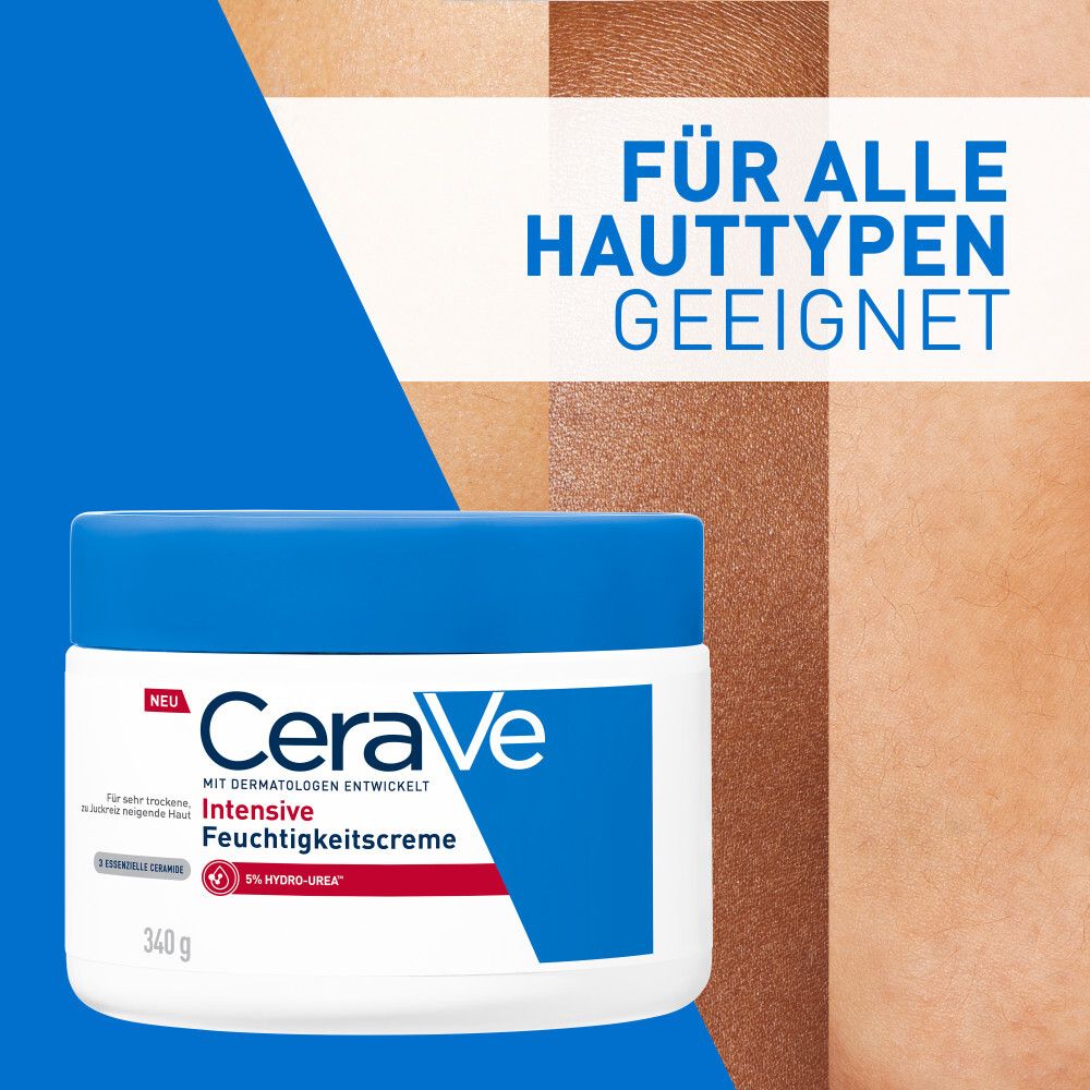 Weißer Tiegel mit blauem Deckel. Aufschrift: CeraVe Intensive Feuchtigkeitspflege. Text: Für alle Hauttypen geeignet.