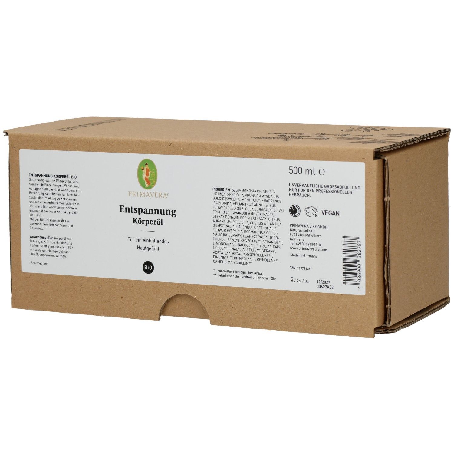 Boîte en carton marron avec texte. PRIMAVERA Entspannung Körperöl bio. 500 ml. Label Vegan.
