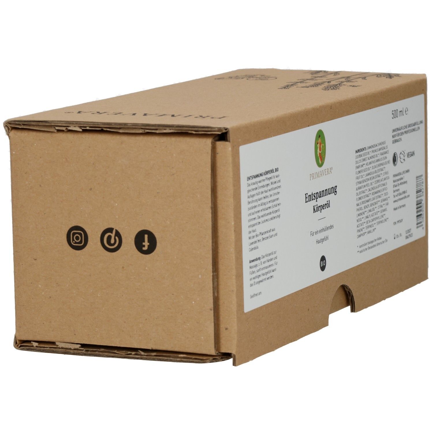 Boîte en carton marron, vue latérale. Logo PRIMAVERA et informations produit. Icônes de réseaux sociaux.