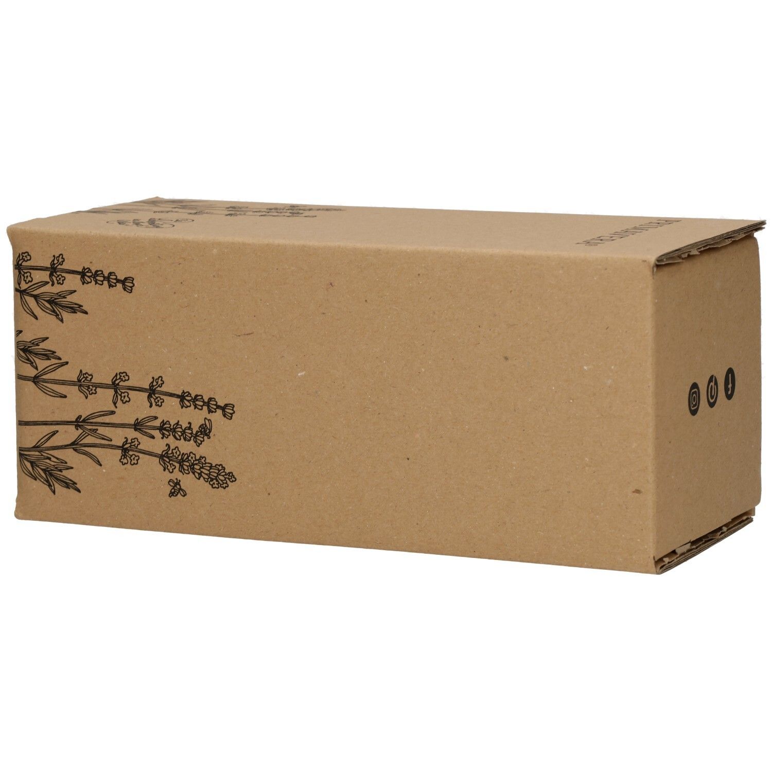 Boîte en carton marron avec illustration de lavande. Emballage vide.