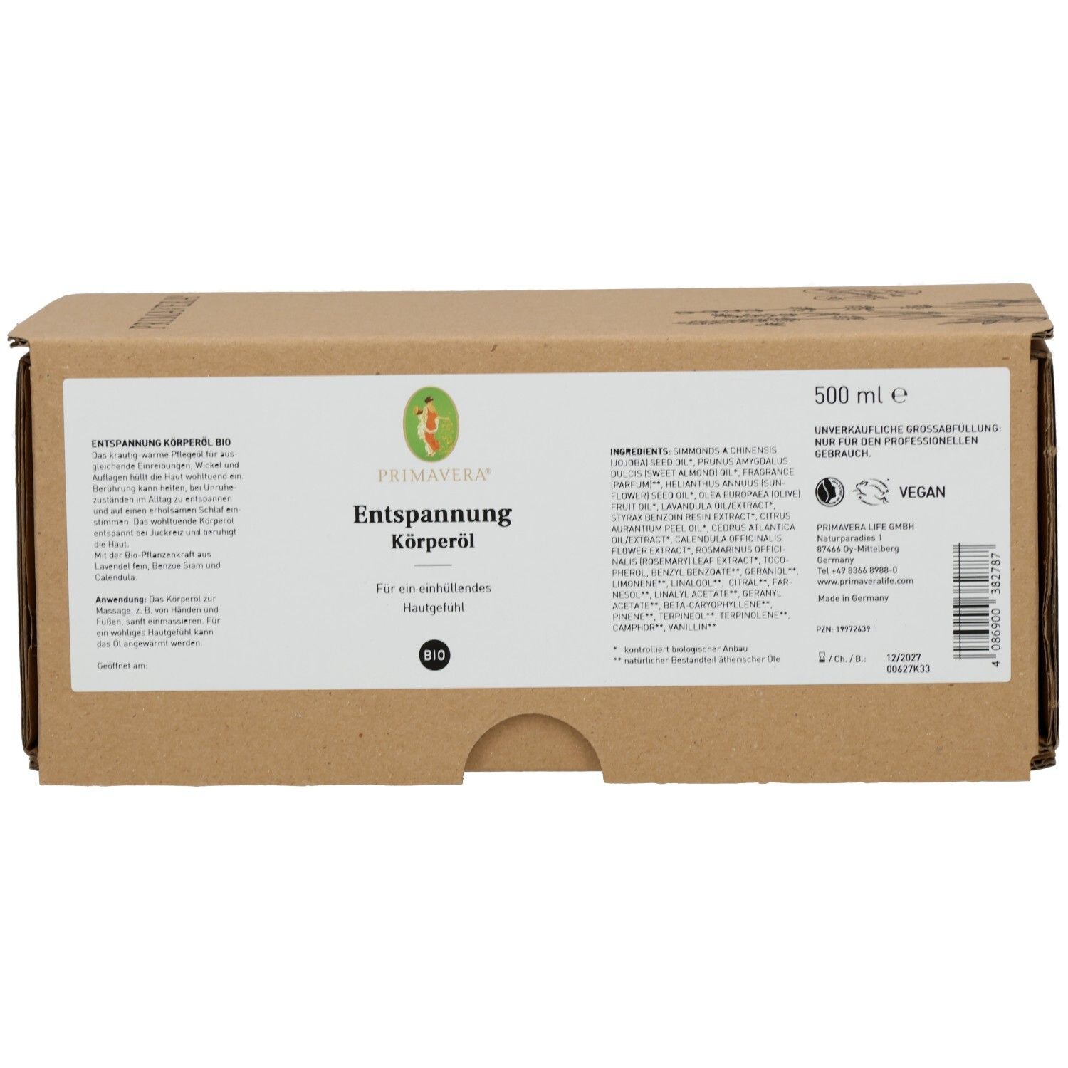 Boîte en carton marron avec texte. PRIMAVERA Entspannung Körperöl bio. 500 ml. Label Vegan.
