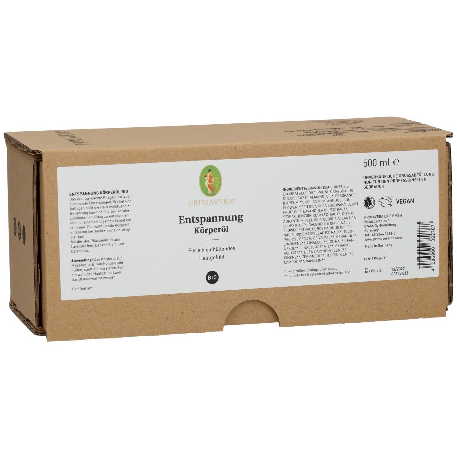 Boîte en carton marron avec texte. PRIMAVERA Entspannung Körperöl bio. 500 ml. Label Vegan.