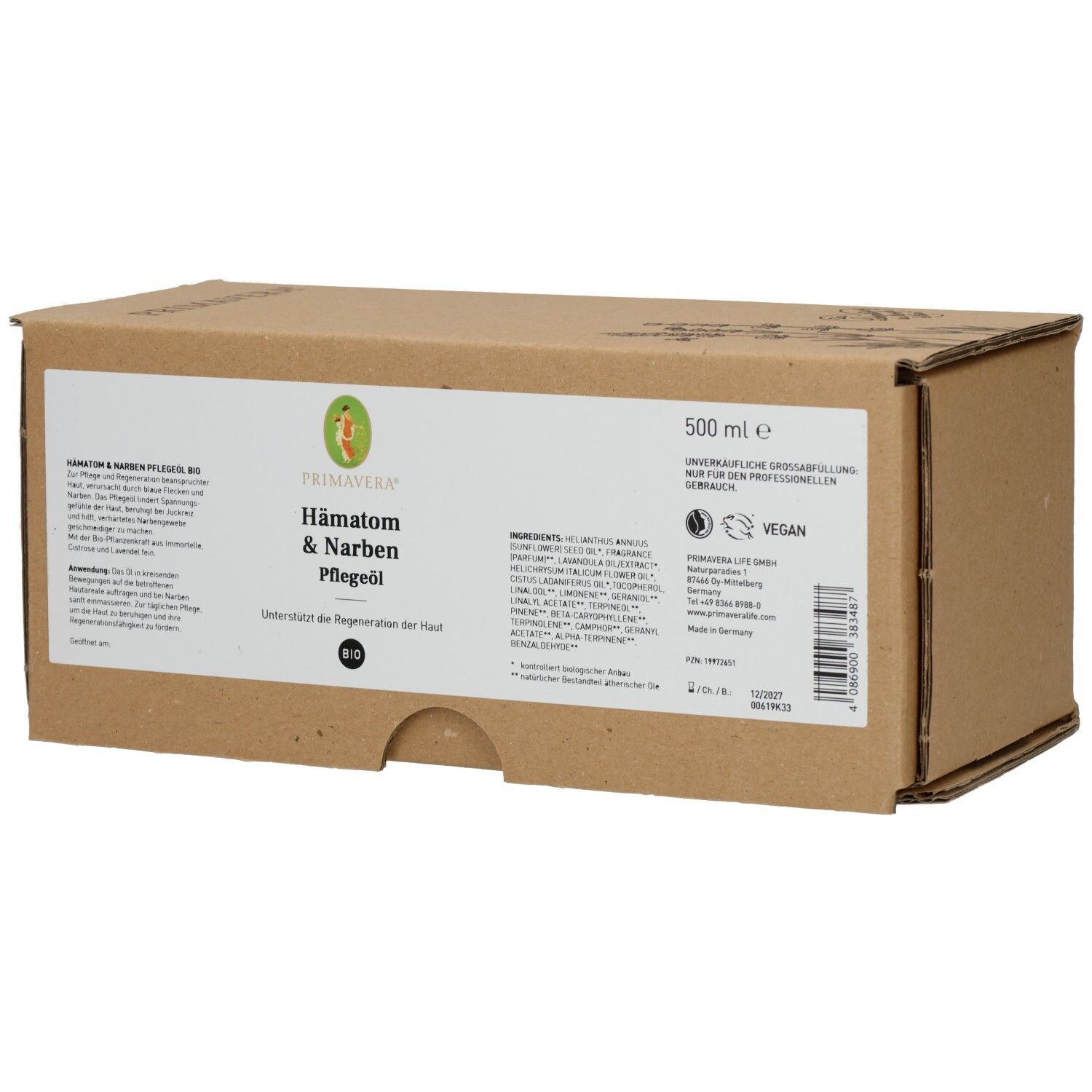 Braune Pappverpackung mit Produktinformationen. Aufschrift: HÄMATOM & Narben Pflegeöl Bio. Enthält 500 ml. Vegan-Siegel.