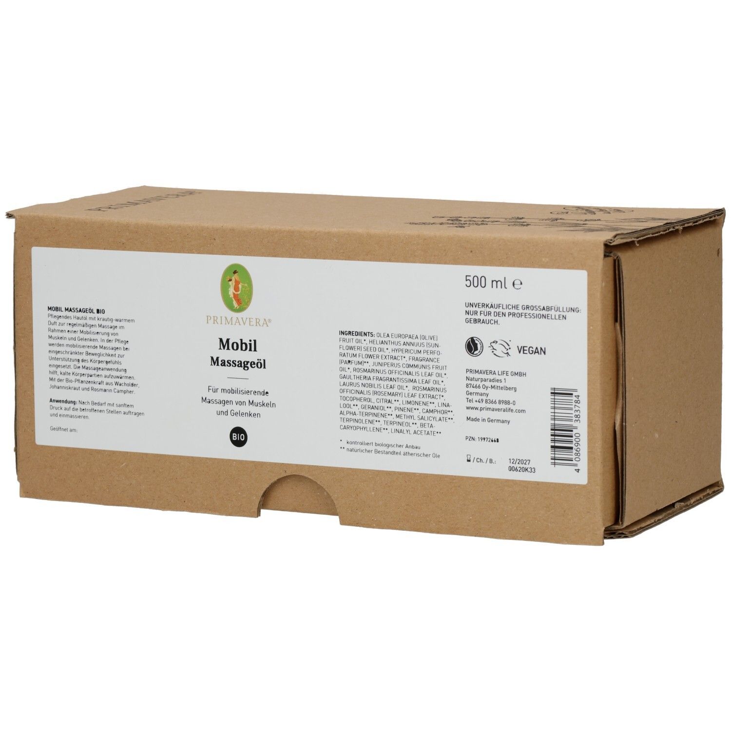 Emballage en carton brun avec informations produit. Inscription: PRIMAVERA Mobil Massageöl bio. Label vegan. 500 ml.