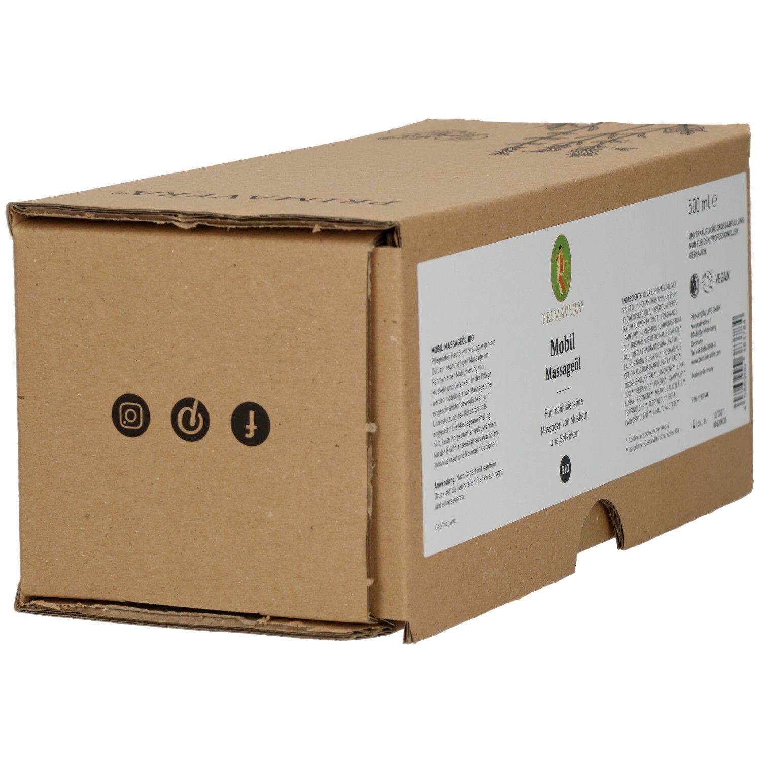 Emballage en carton brun avec logo et informations produit. Icônes de médias sociaux. Inscription: PRIMAVERA Mobil Massageöl bio.