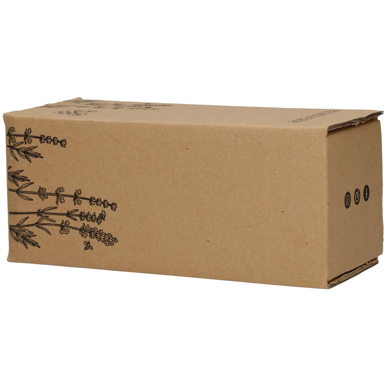 Emballage en carton brun avec illustration de lavande. Inscription: PRIMAVERA. Trois petits cercles.