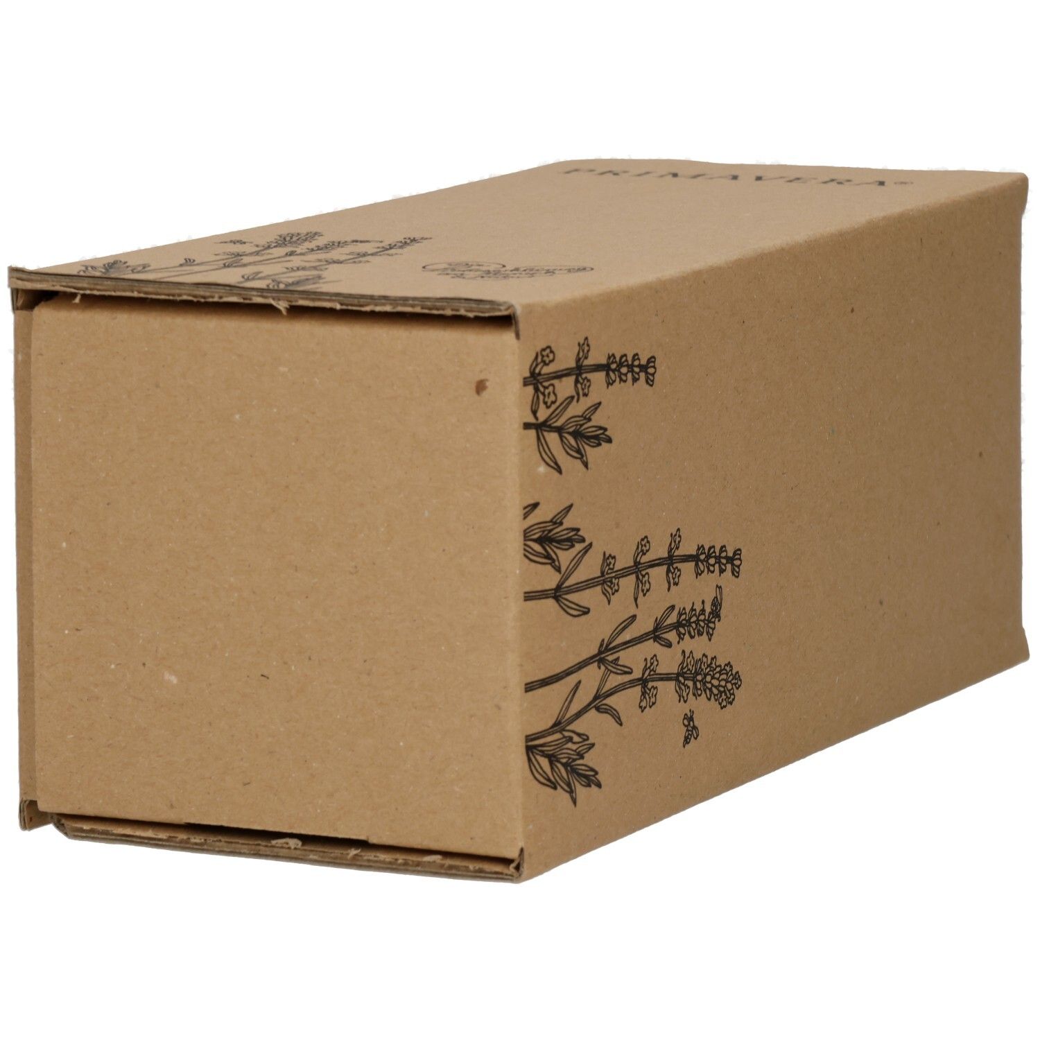 Emballage en carton brun avec illustration de lavande. Inscription: PRIMAVERA. Vue d'angle.