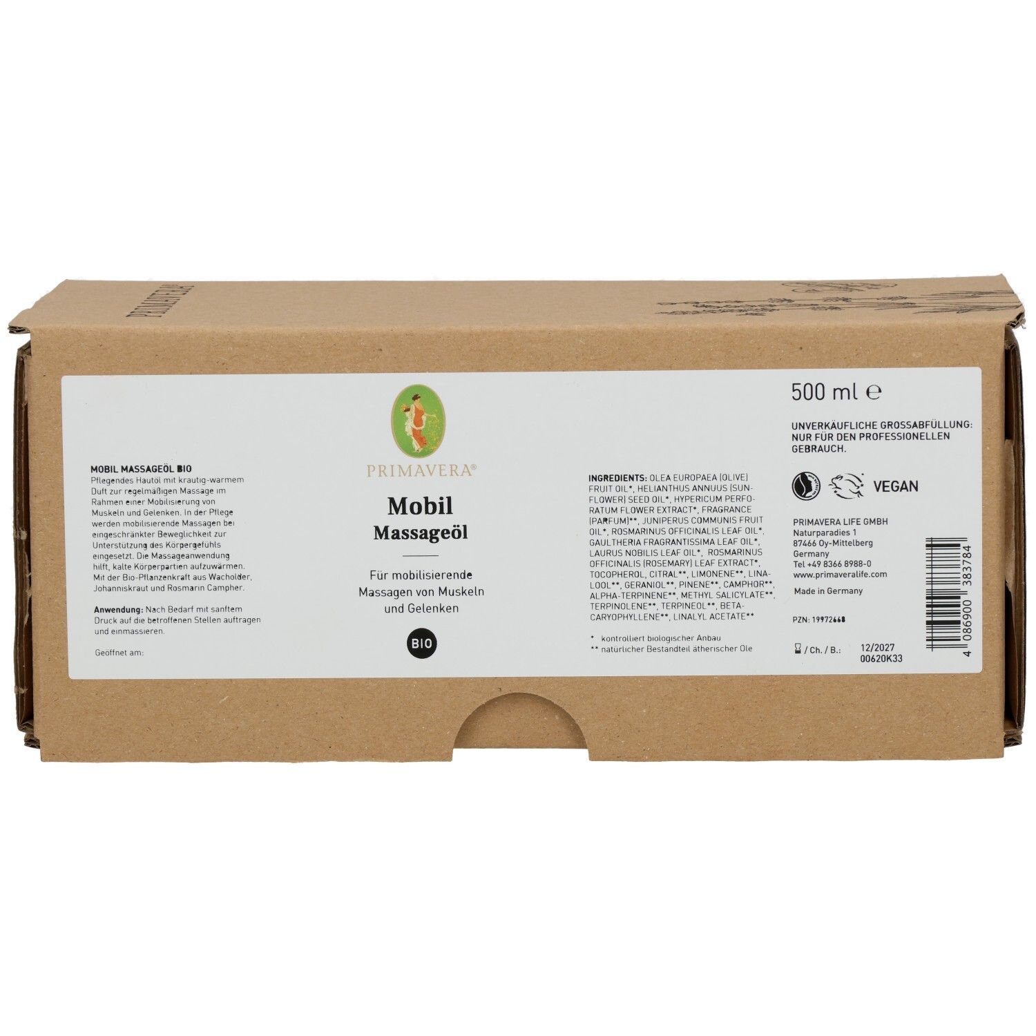 Emballage en carton brun avec informations produit. Inscription: PRIMAVERA Mobil Massageöl bio. Label vegan. 500 ml.