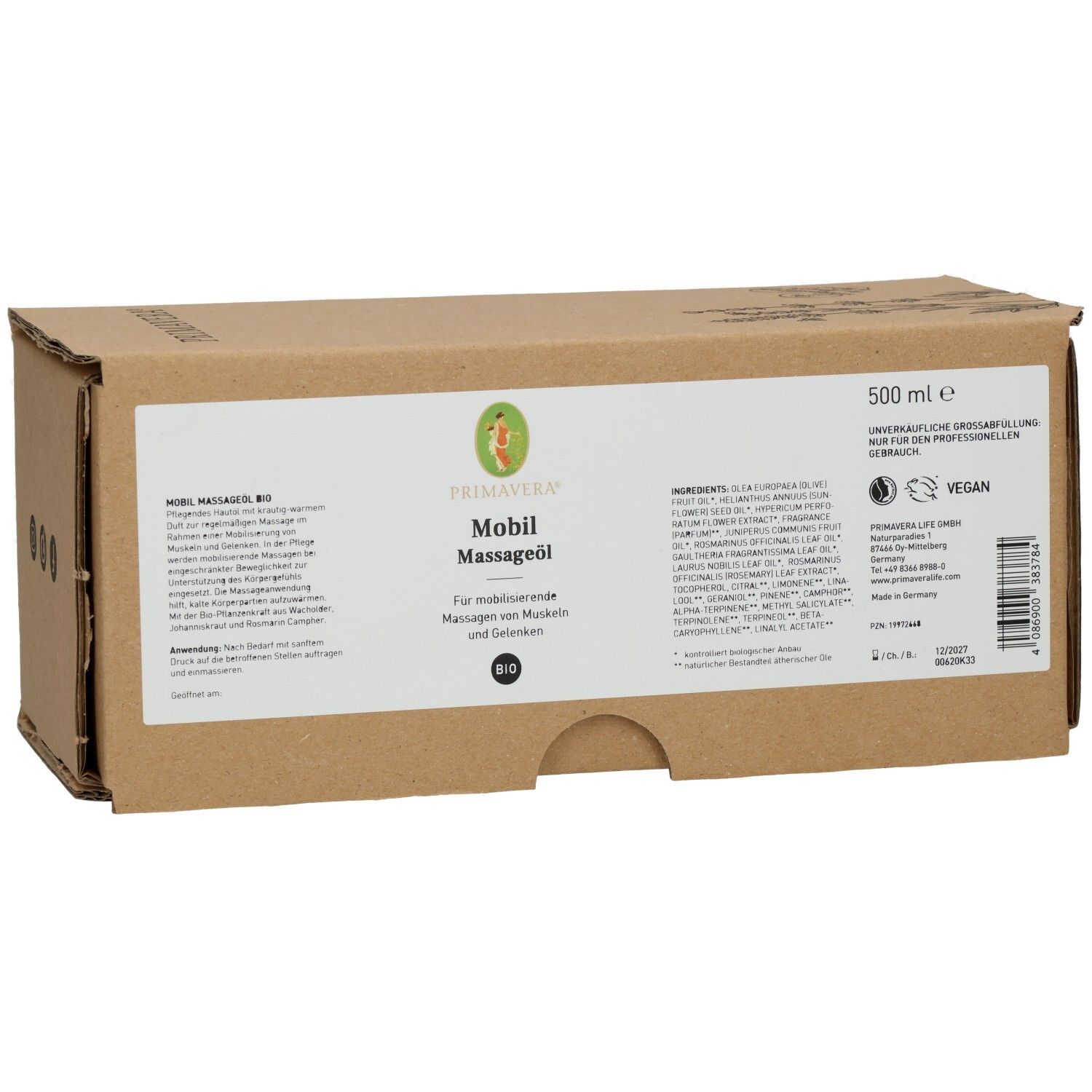 Emballage en carton brun avec informations produit. Inscription: PRIMAVERA Mobil Massageöl bio. Label vegan. 500 ml.