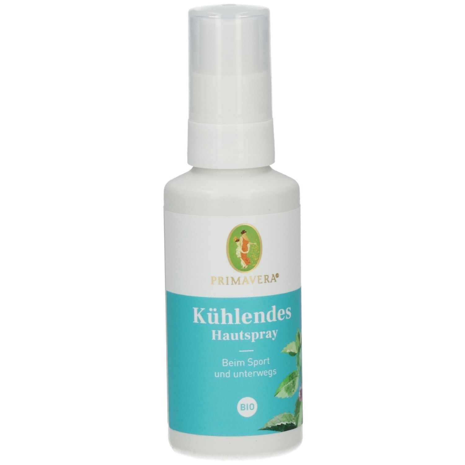 Flacon spray blanc avec étiquette bleue. Texte: KÜHLENDES Hautspray Bio. Logo: Primavera. Logo vert et rouge. Label bio.
