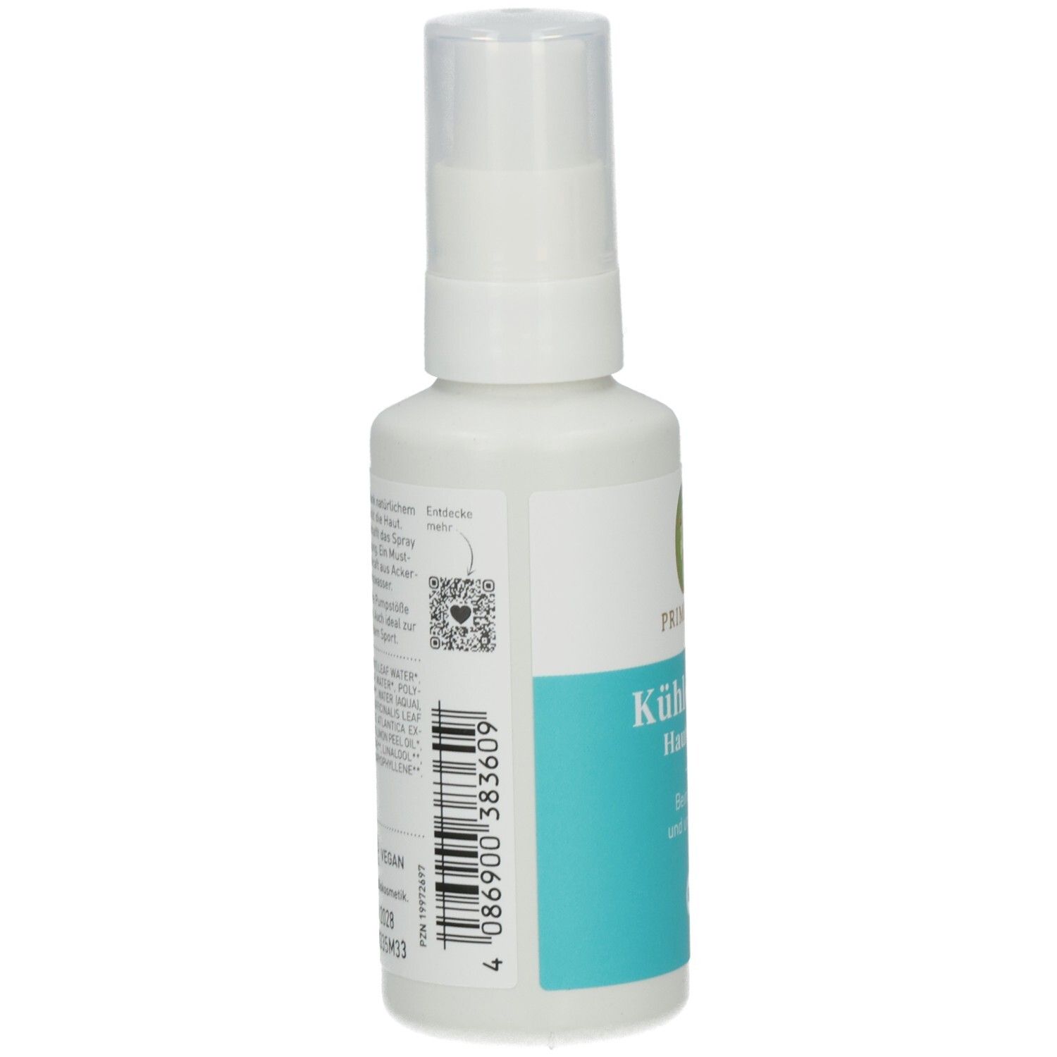 Flacon spray blanc. Dos avec texte et code-barres. Texte: 4 086900 383609. Code QR. Étiquette avec ingrédients.