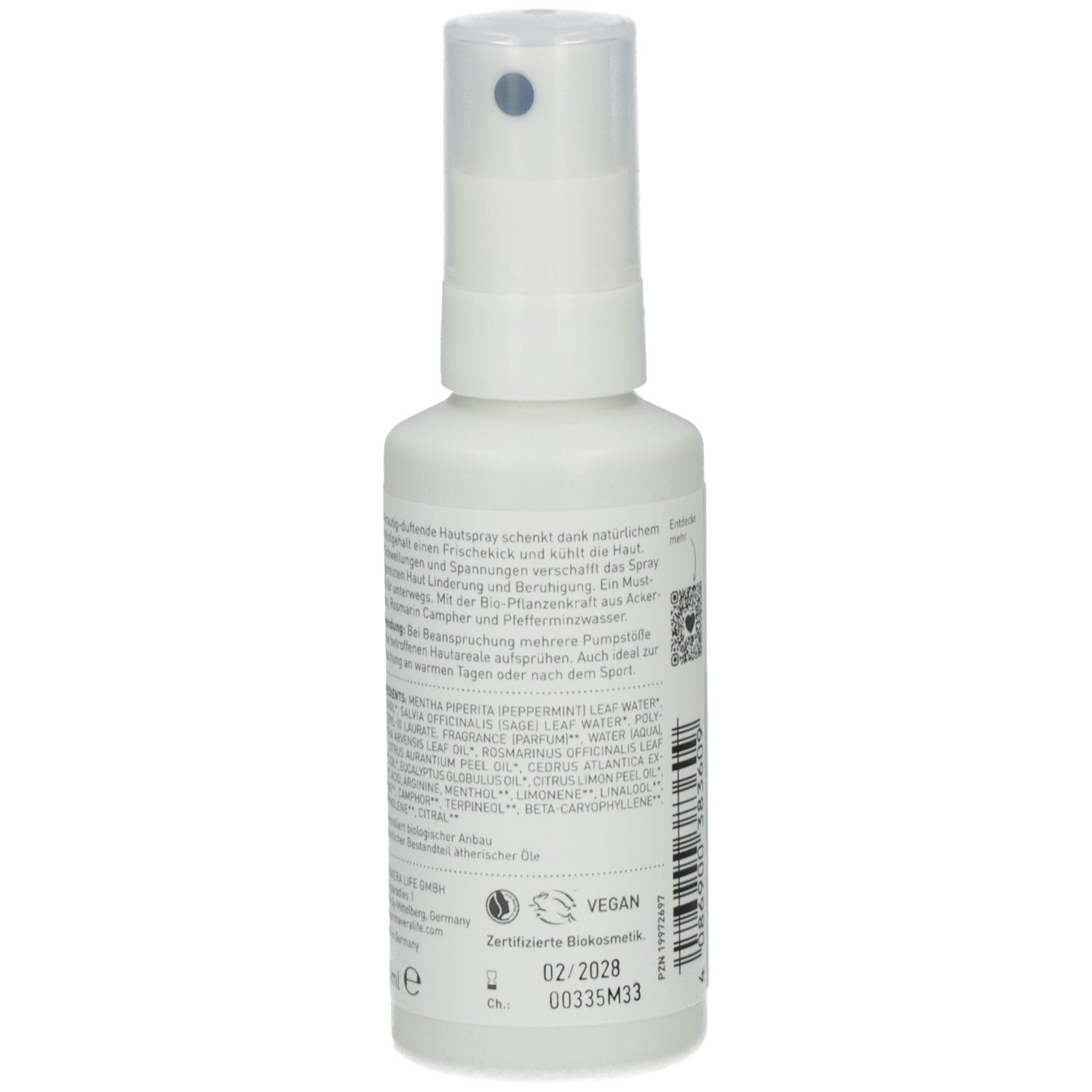 Flacon spray blanc. Dos avec texte. Texte: Vegan. Cosmétiques biologiques certifiés. Durabilité 02/2028. Numéro de lot.