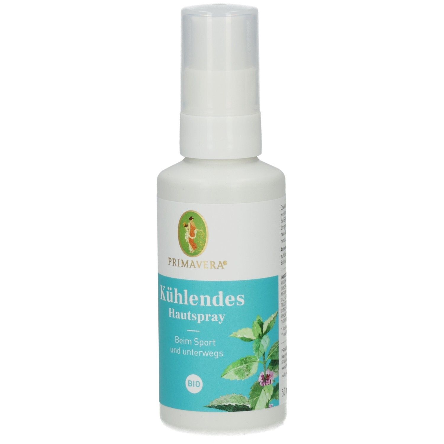 Flacon spray blanc avec étiquette bleue. Texte: KÜHLENDES Hautspray Bio. Logo: Primavera. Logo vert et rouge. Label bio.