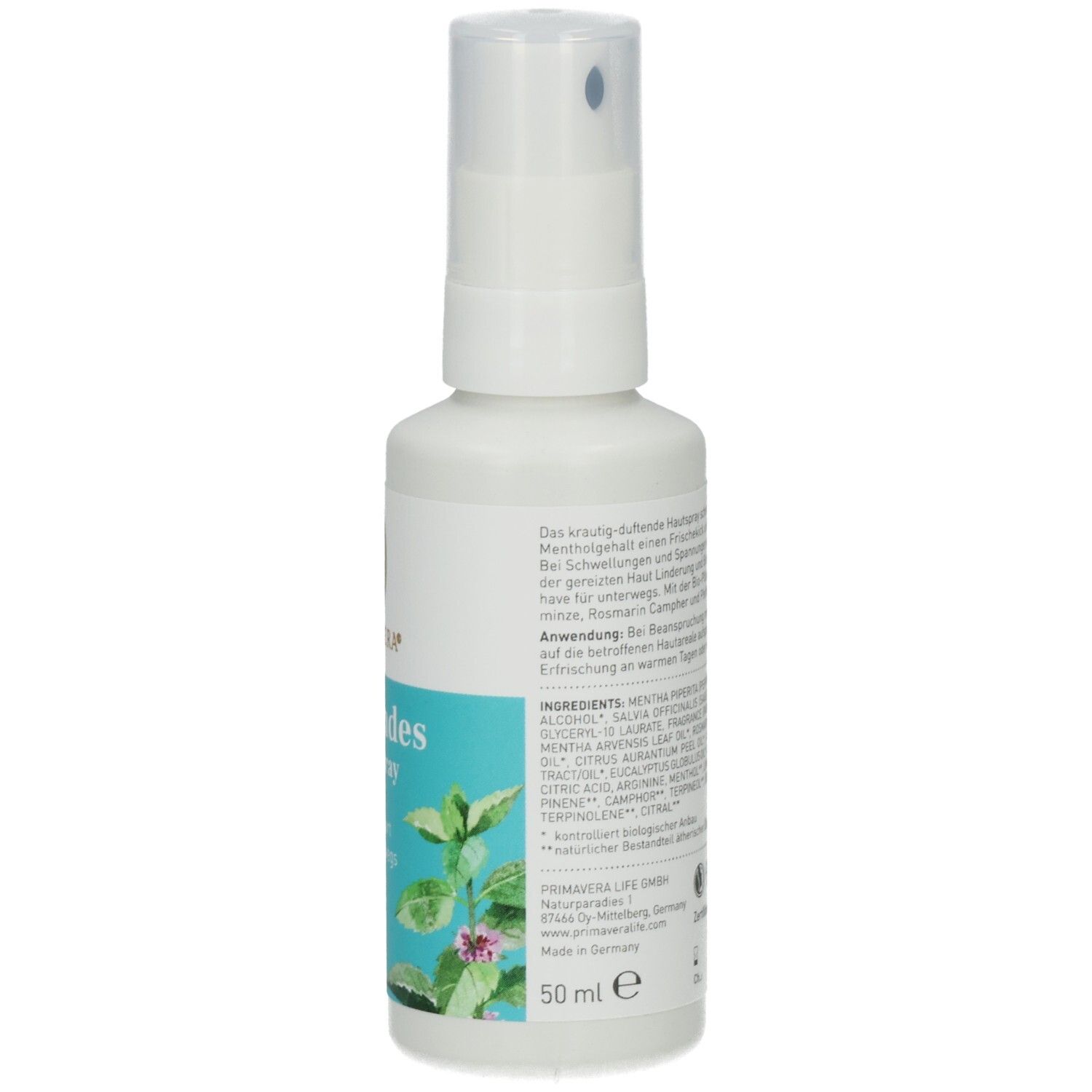 Flacon spray blanc. Dos avec texte. Texte: Ingrédients. Volume: 50 ml. Logo: Primavera. Label végan.