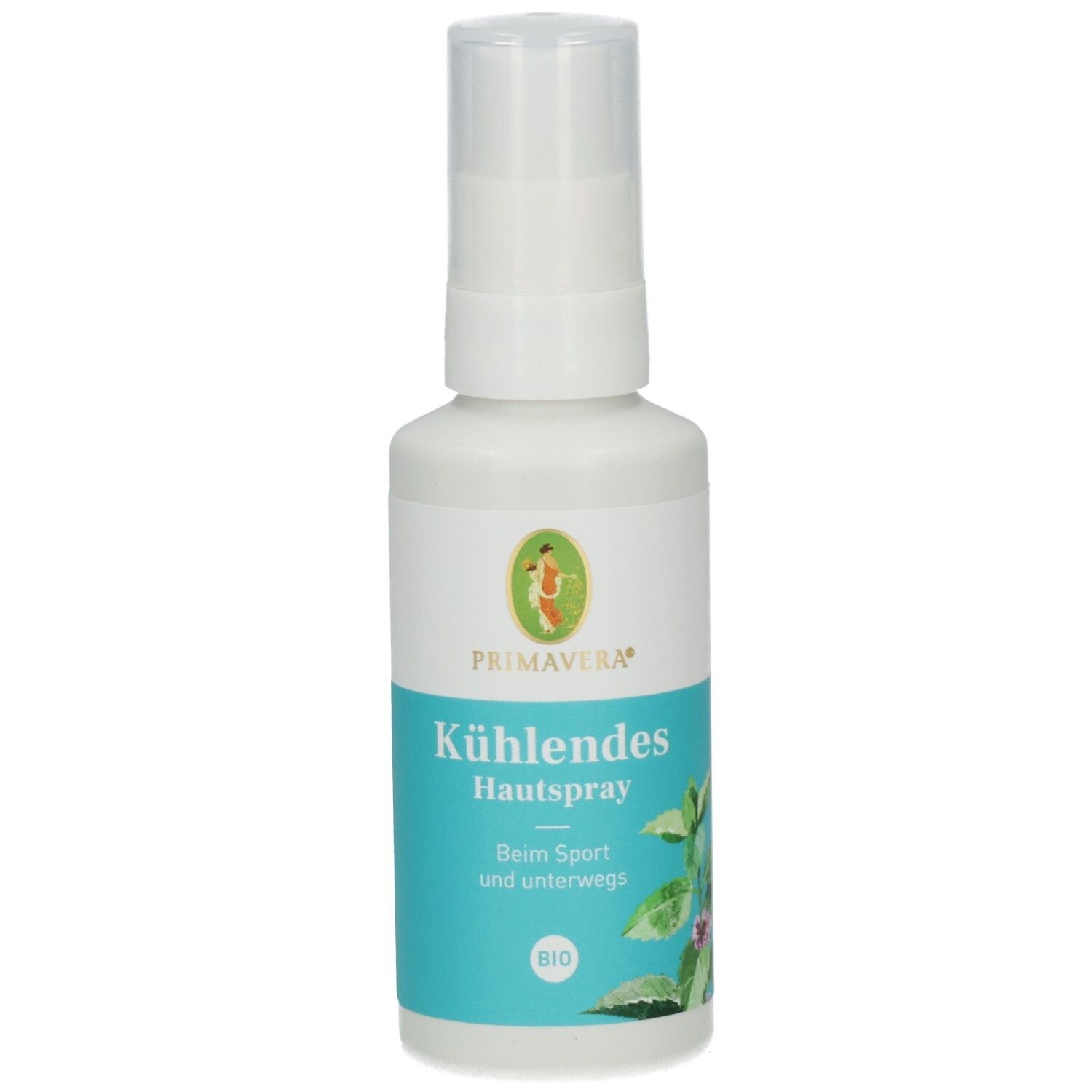 Flacon spray blanc avec étiquette bleue. Texte: KÜHLENDES Hautspray Bio. Logo: Primavera. Logo vert et rouge. Label bio.