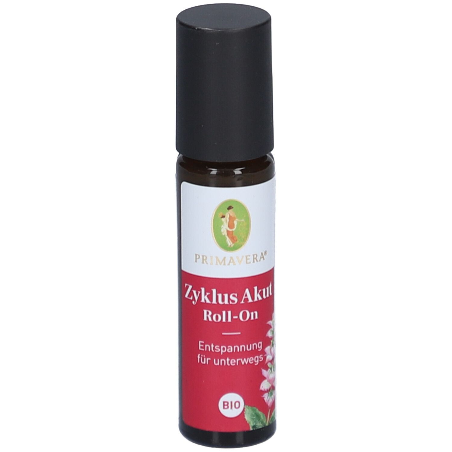 Roll-On-Flasche mit schwarzem Deckel. Etikett mit PRIMAVERA-Logo, Produktname und BIO-Siegel. Rote und weiße Farbgebung.