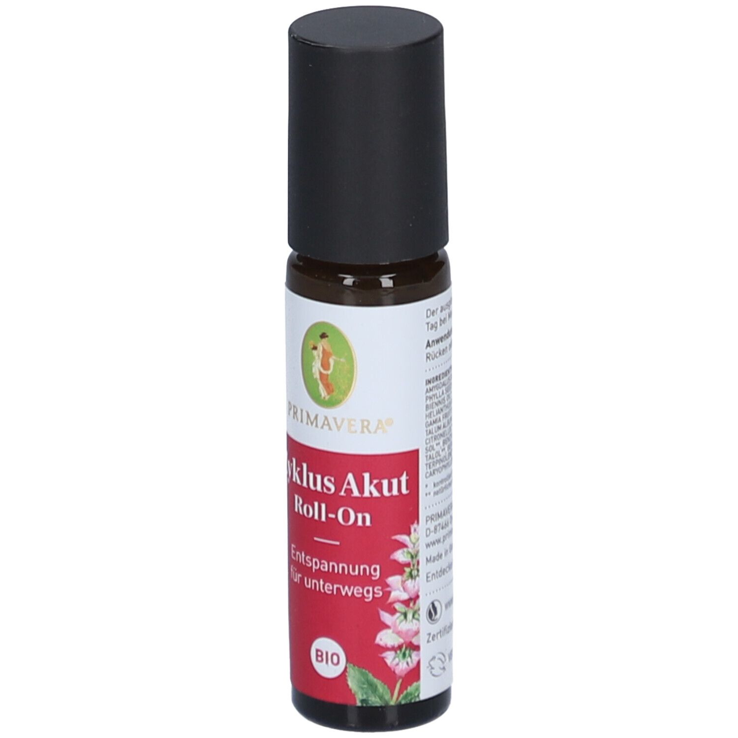 Roll-On-Flasche mit schwarzem Deckel. Etikett mit PRIMAVERA-Logo, Produktname und BIO-Siegel. Text und Informationen auf der Rückseite.