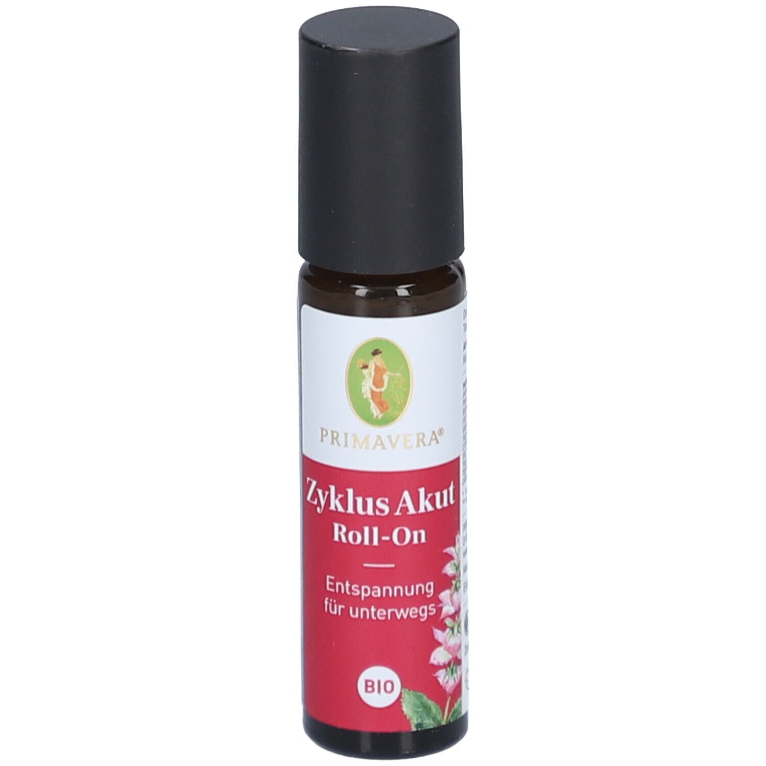 Roll-On-Flasche mit schwarzem Deckel. Etikett mit PRIMAVERA-Logo, Produktname und BIO-Siegel. Rote und weiße Farbgebung.