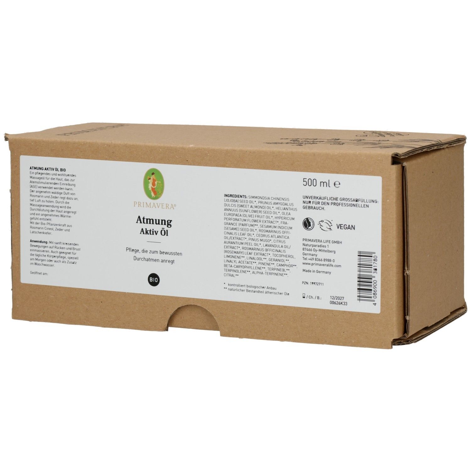 Emballage en carton brun avec étiquette. Inscription: Atmung Aktiv Öl bio. Label vegan. 500 ml.