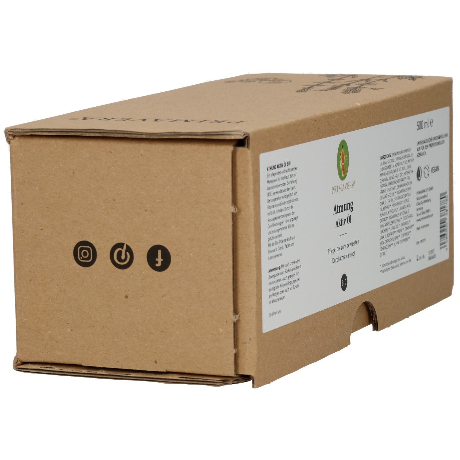 Emballage en carton brun. Sur le côté: logos et étiquette du produit. Inscription: Atmung Aktiv Öl bio.