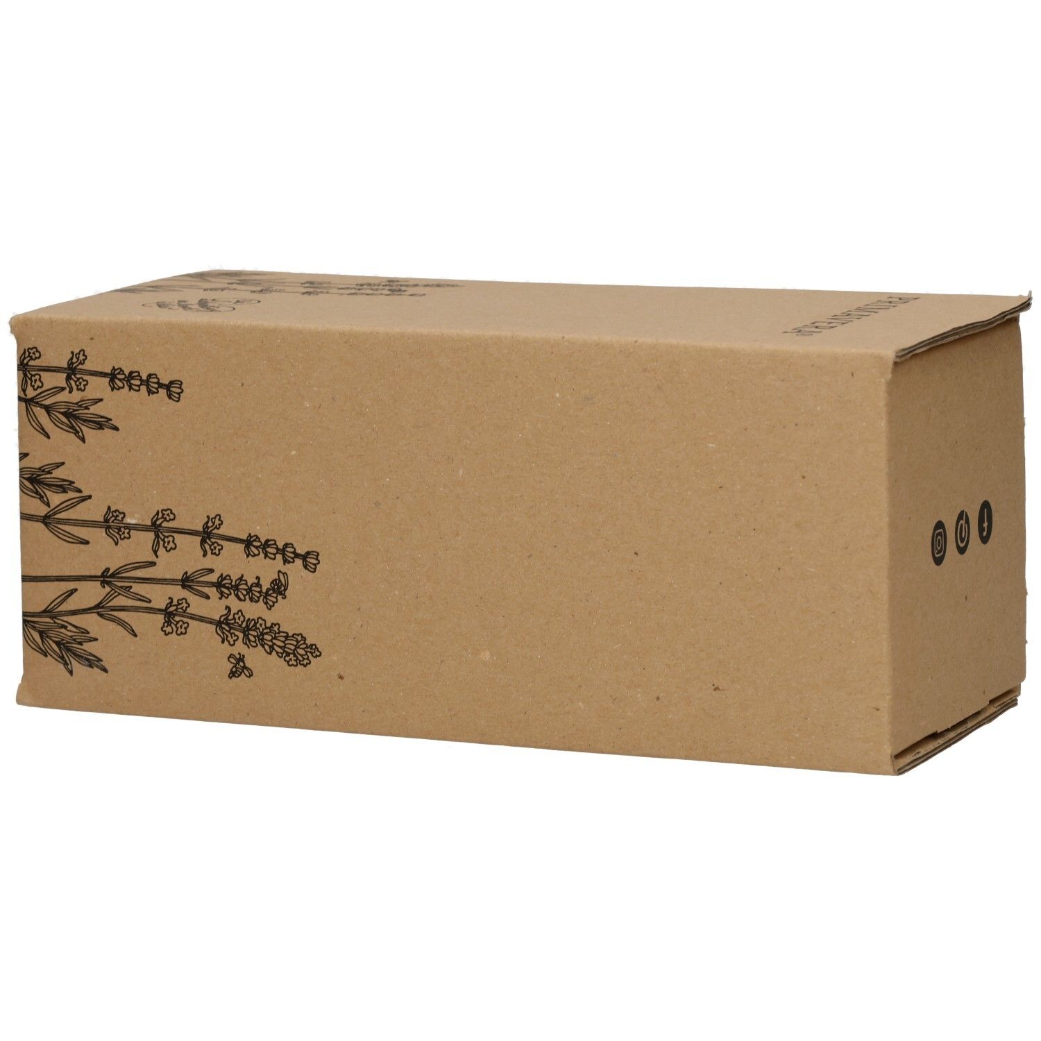 Emballage en carton brun avec motif floral. Sur le côté: trois petits cercles.