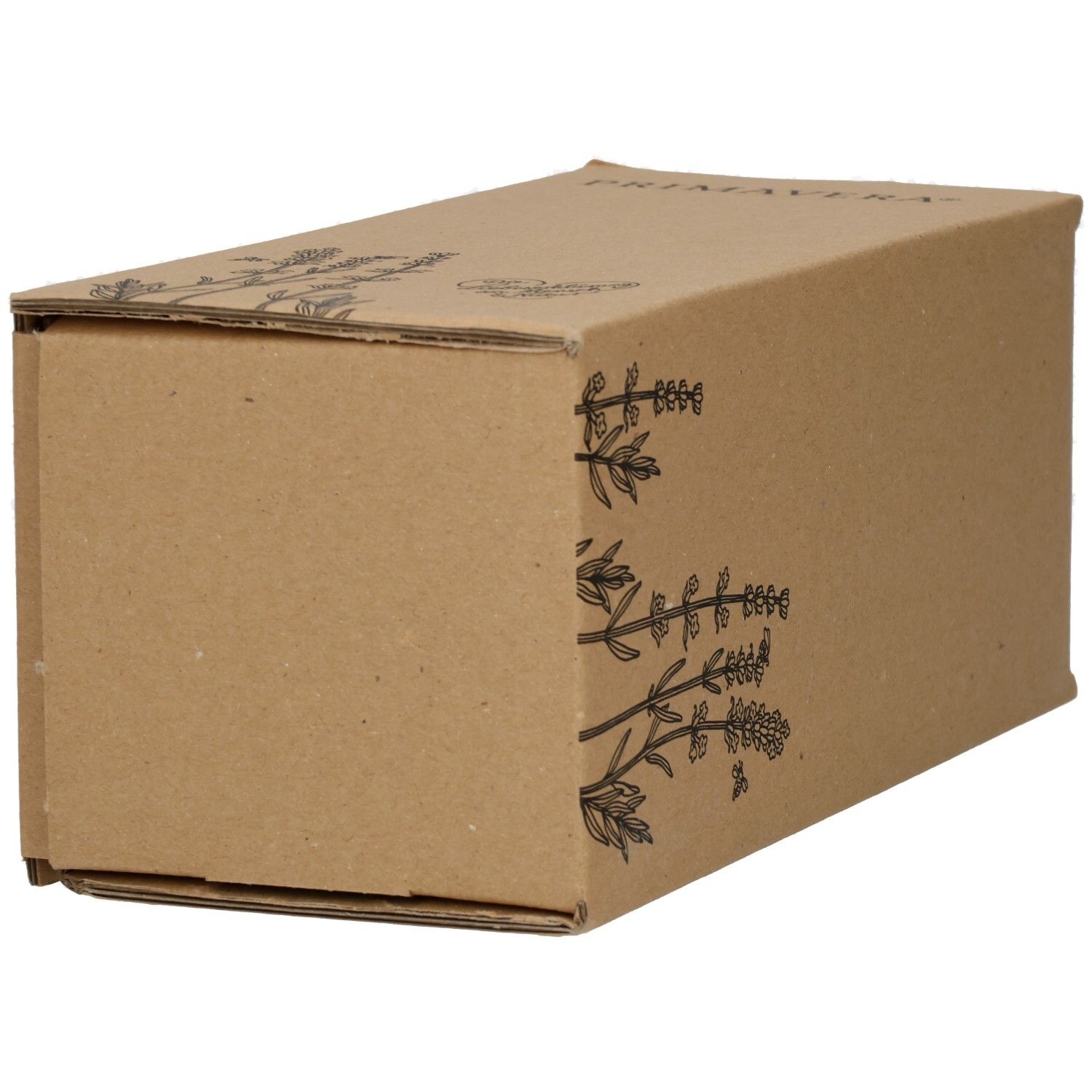 Emballage en carton brun avec motif floral. Vue perspective.