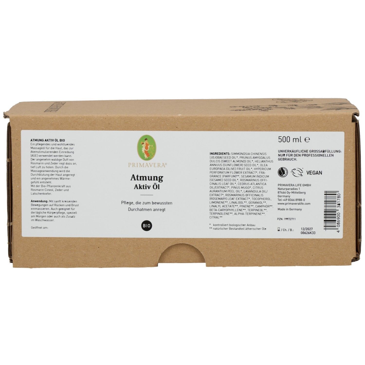 Emballage en carton brun avec étiquette du produit. Inscription: Atmung Aktiv Öl bio. Label vegan. 500 ml.