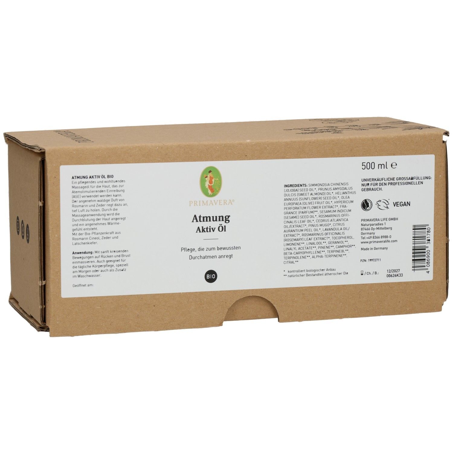 Emballage en carton brun avec étiquette du produit. Inscription: Atmung Aktiv Öl bio. Label vegan. 500 ml.