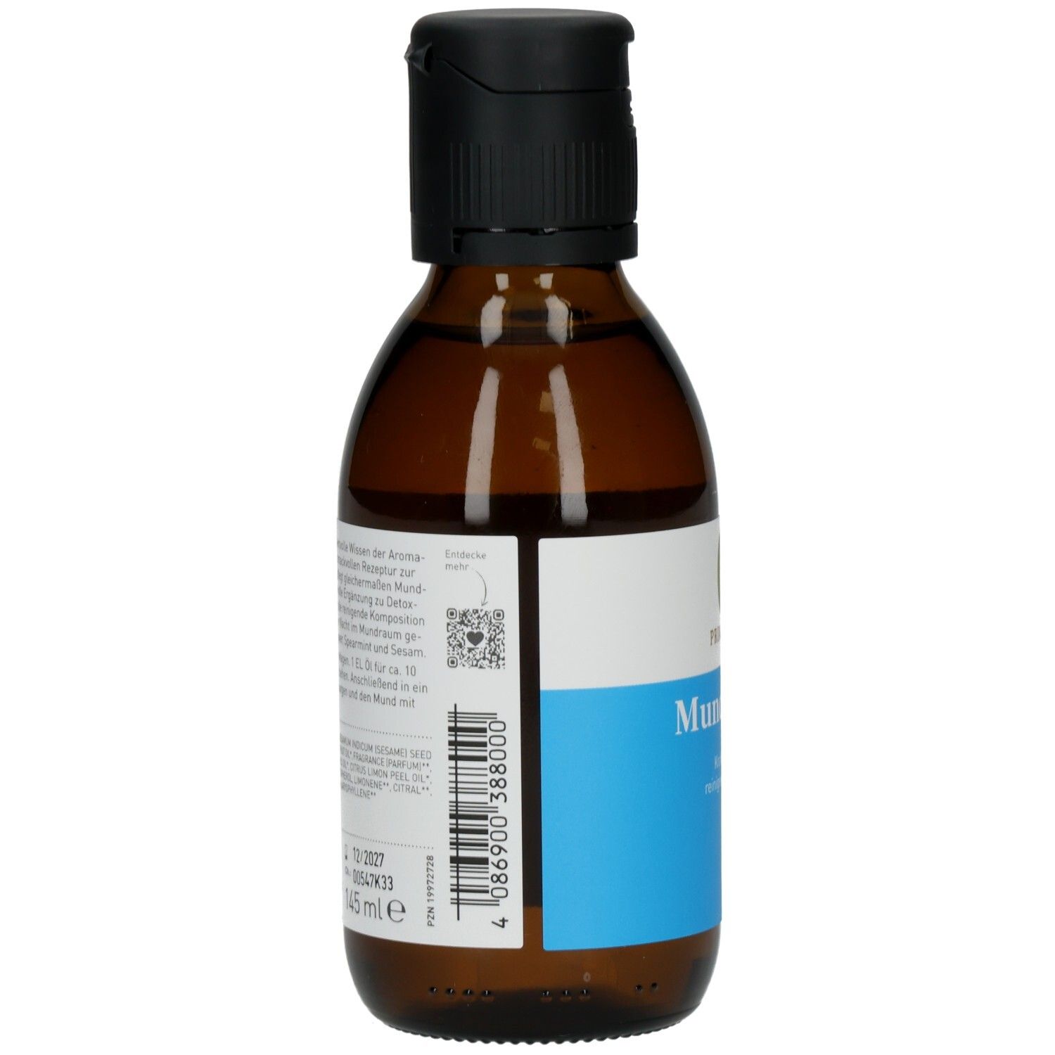 Braune Glasflasche mit schwarzem Deckel. Rückseite mit Etikett und Text. Barcode und QR-Code sichtbar.