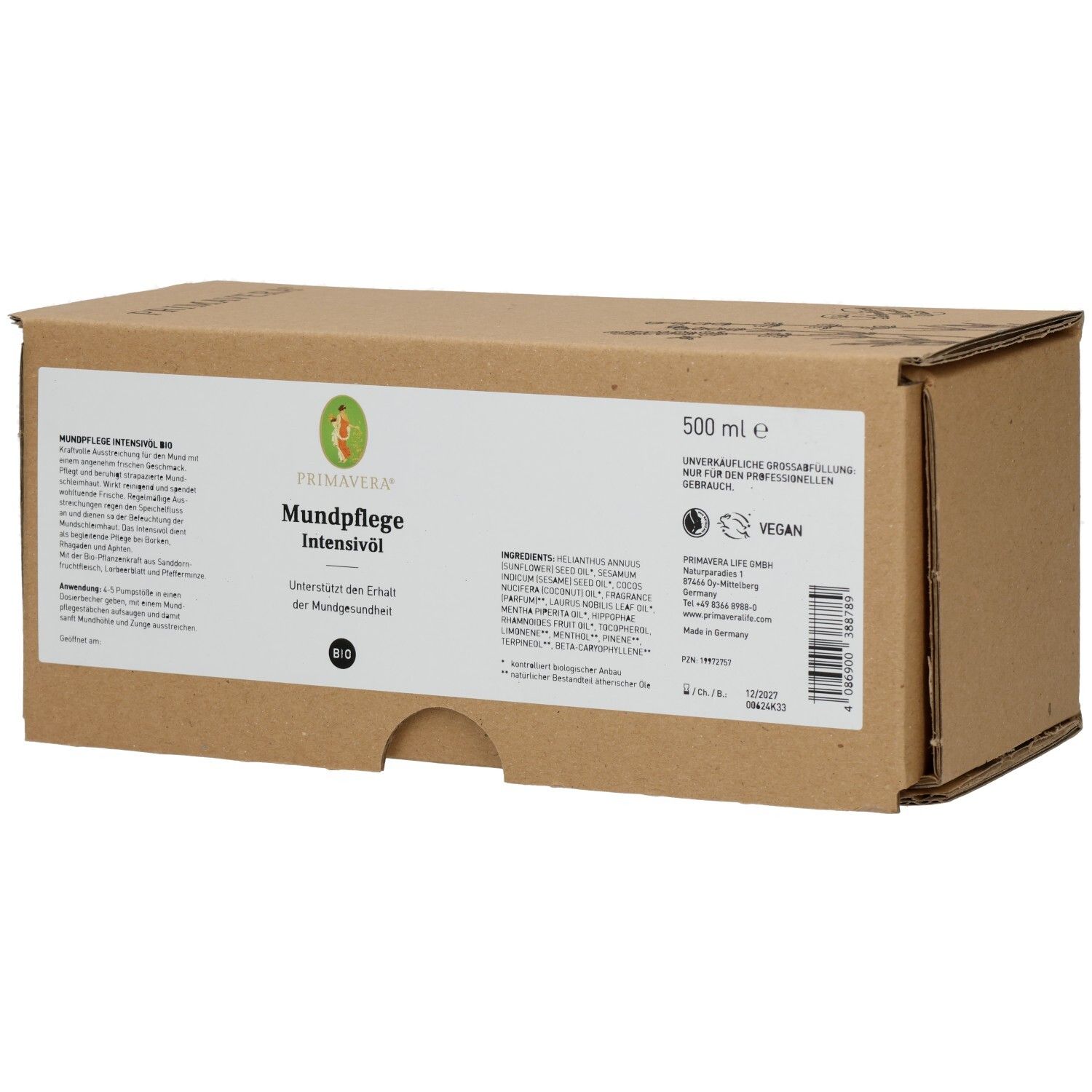 Emballage en carton brun avec étiquette blanche. Inscription: MUNDPFLEGE INTENSIVÖL Bio. Label Vegan. 500 ml.
