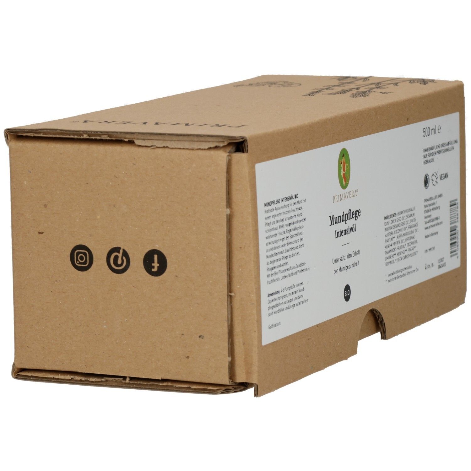 Emballage en carton brun avec étiquette blanche. Inscription: MUNDPFLEGE INTENSIVÖL. Icônes de médias sociaux. Label Vegan. 500 ml.