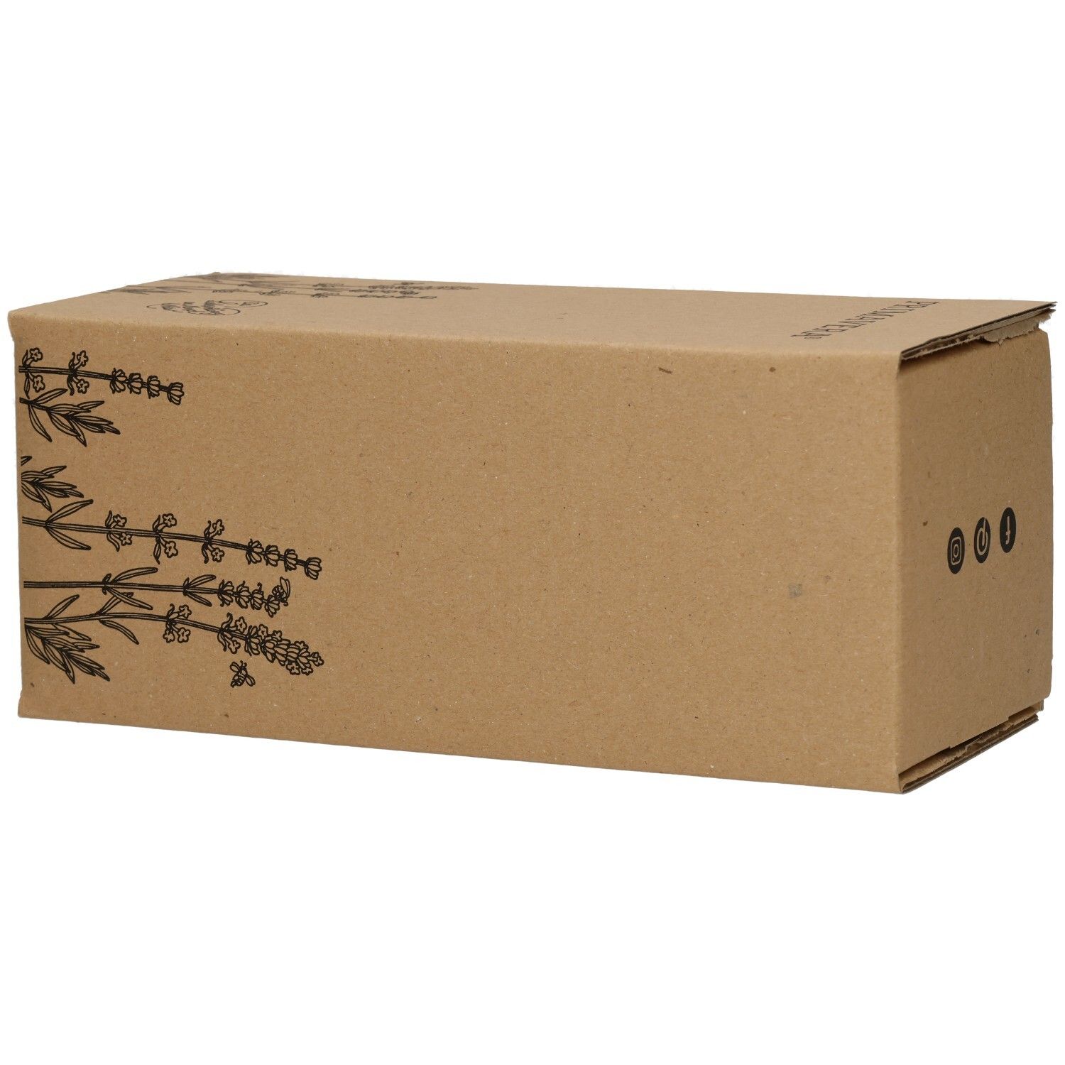 Emballage en carton brun avec illustrations florales. Sur le dessus et le coin. Aucune désignation de produit visible.