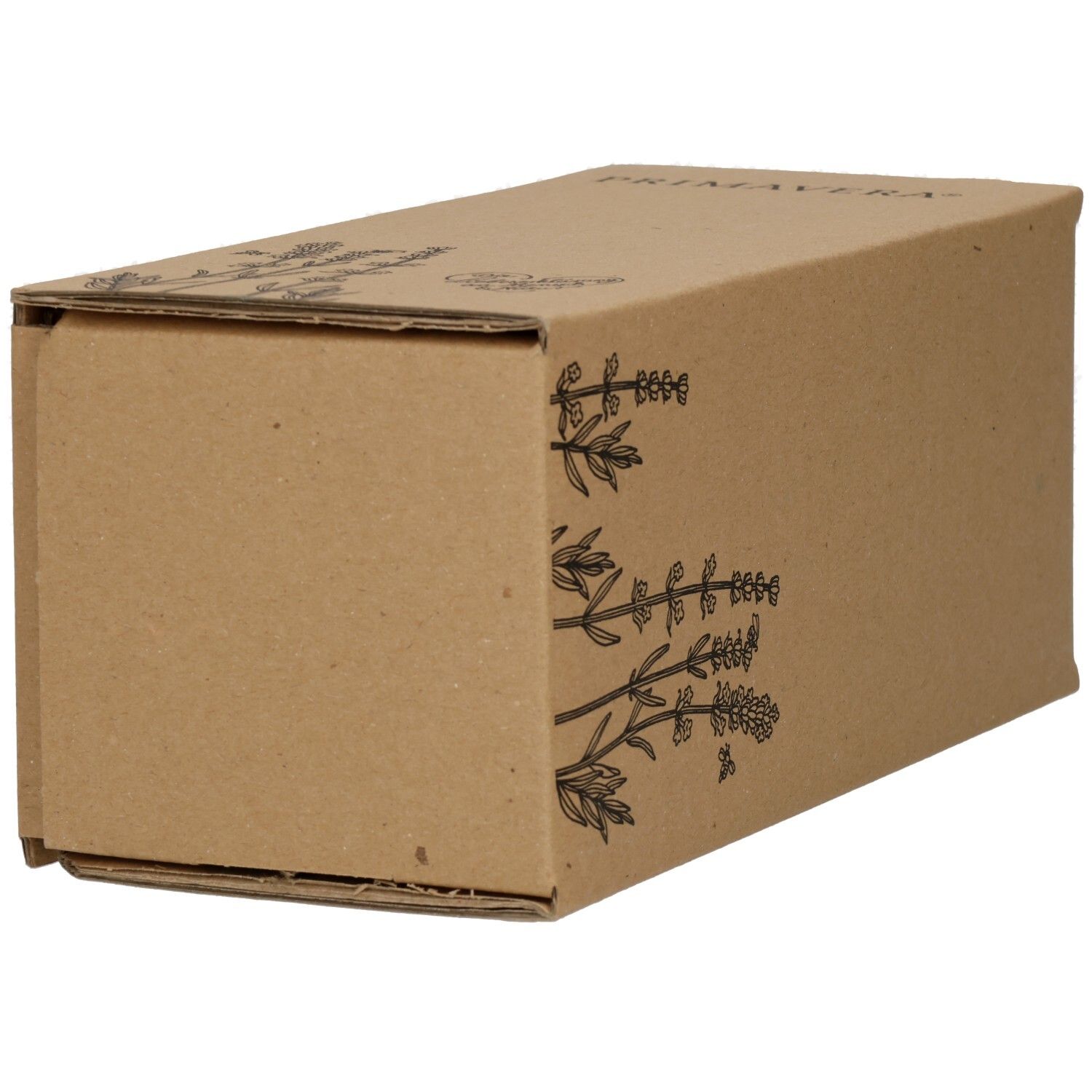 Emballage en carton brun avec illustrations florales. Sur le coin. Aucune désignation de produit visible.
