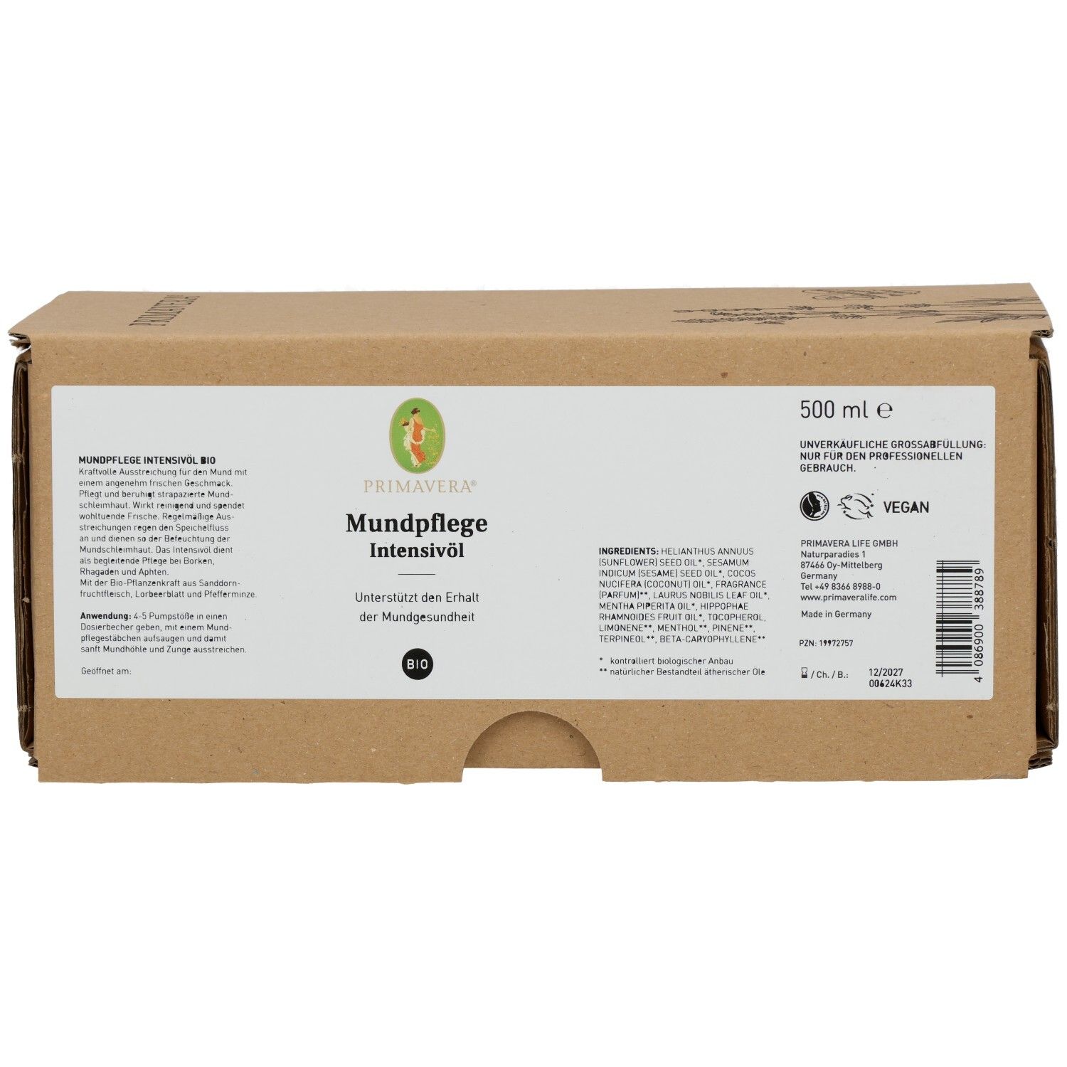 Emballage en carton brun avec étiquette blanche. Inscription: MUNDPFLEGE INTENSIVÖL Bio. Label Vegan. 500 ml.