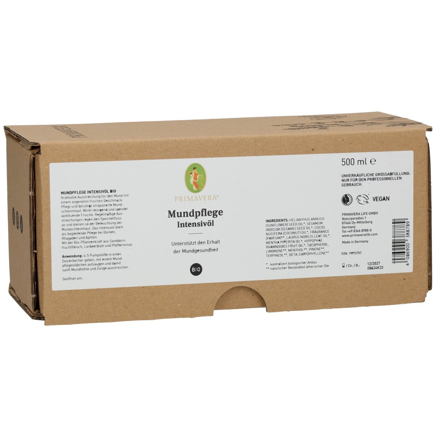 Emballage en carton brun avec étiquette blanche. Inscription: MUNDPFLEGE INTENSIVÖL Bio. Label Vegan. 500 ml.