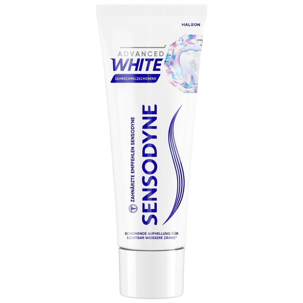 Sensodyne Advanced White Zahnpasta-Tube mit Abbildung eines Zahns und Edelsteinen. Für sichtbar weißere Zähne.