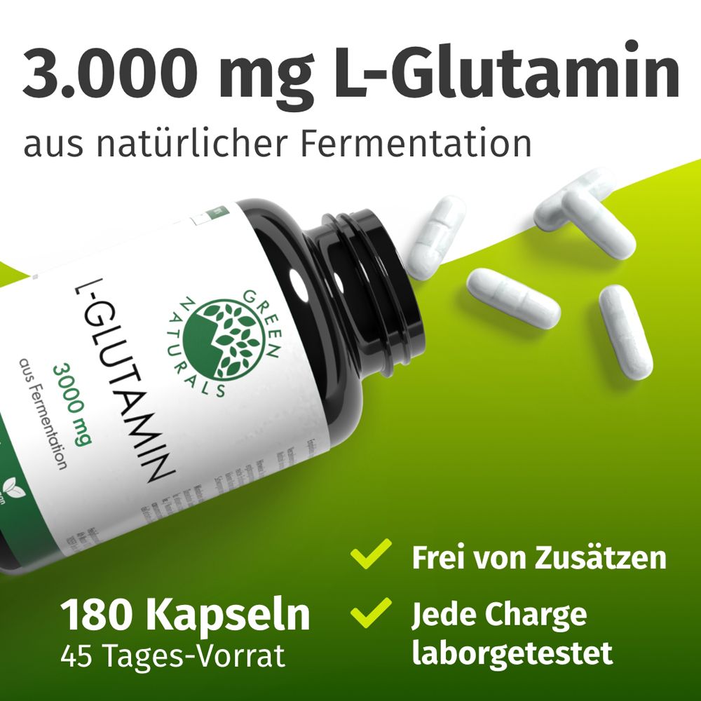 Flacon et gélules. Inscription : 3.000 mg L-Glutamine, 180 gélules, 45 jours d'approvisionnement. Sans additifs, testé en laboratoire.